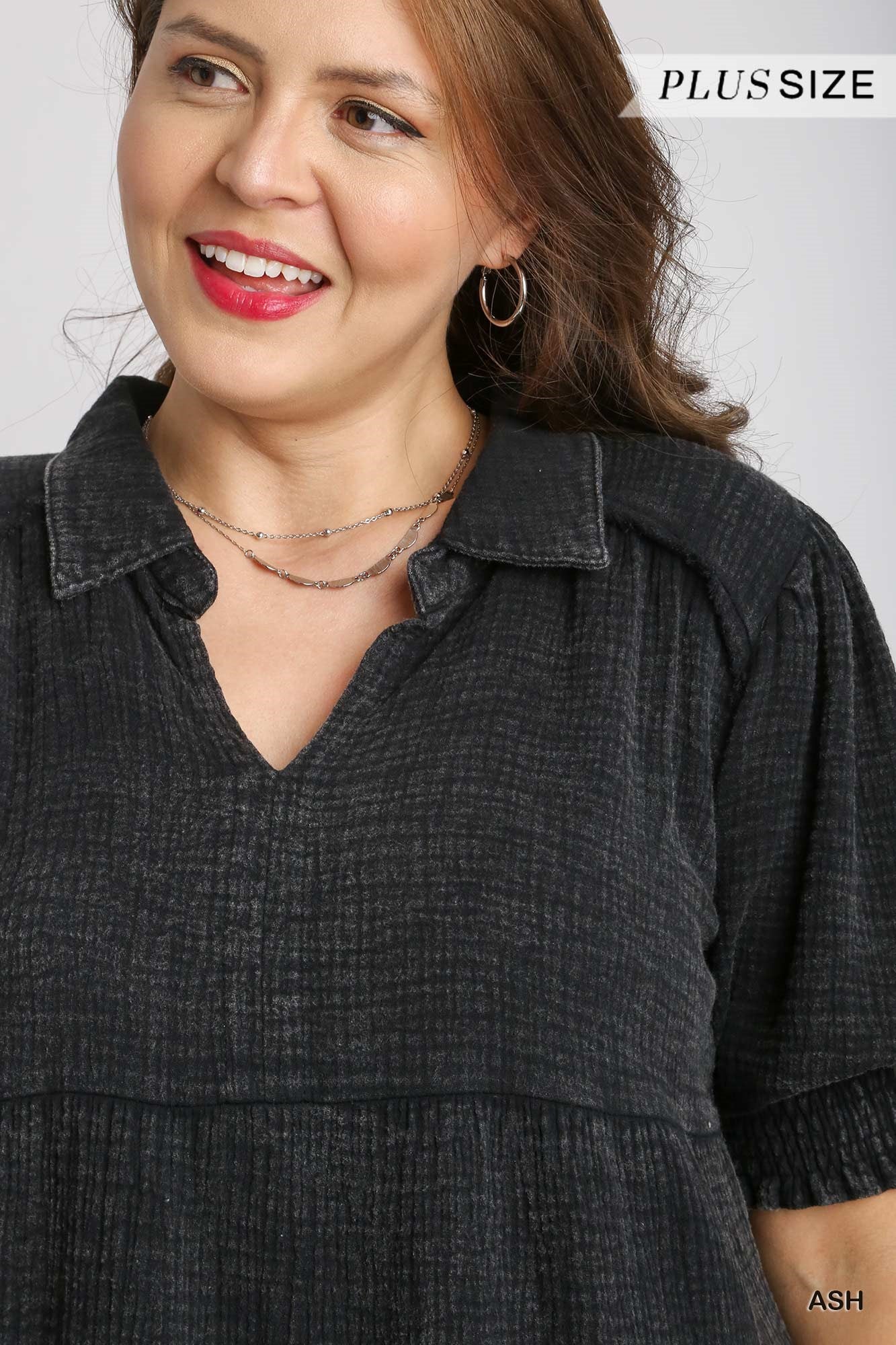 Umgee Plus Mineral Wash Cotton Gauze Tiered Collared Smocked Cuff Dress