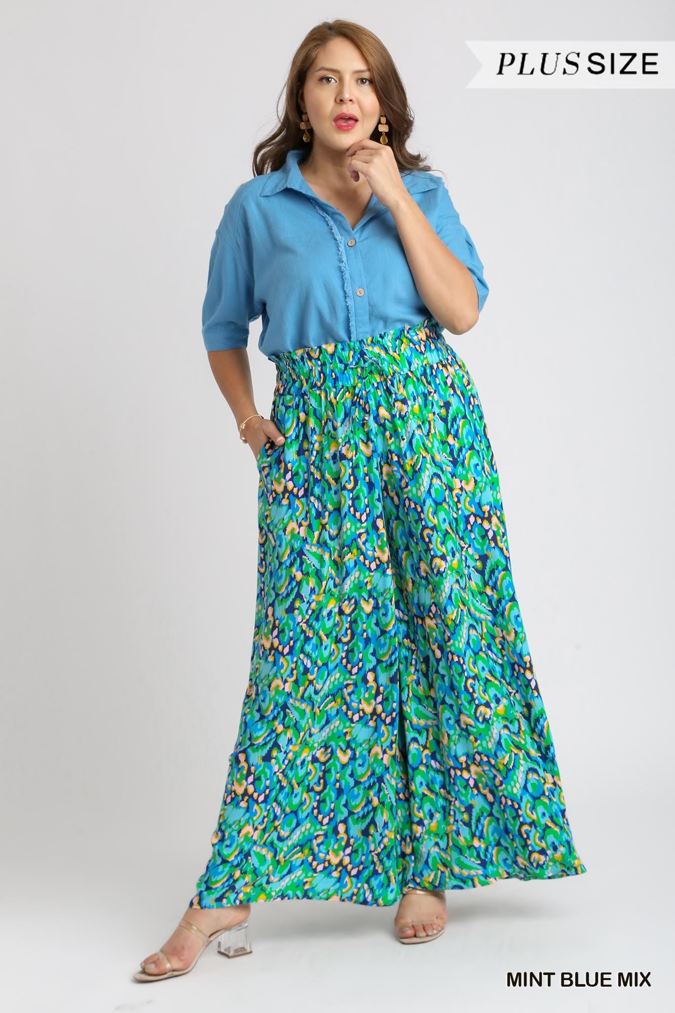 Umgee Plus Mixed Print Wide Leg Elastic Waist Tie Pants