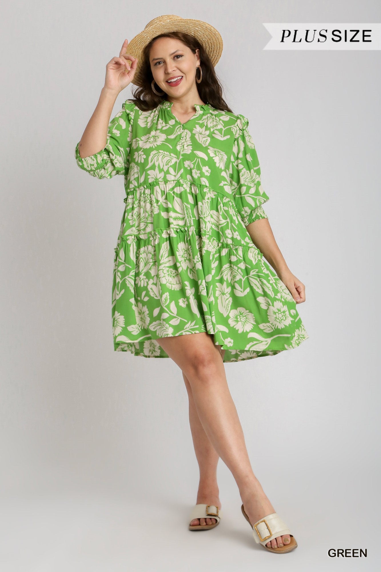 Umgee Plus Tiered Two Tone Split Neck Short Smocked Puff Sleeve Dress