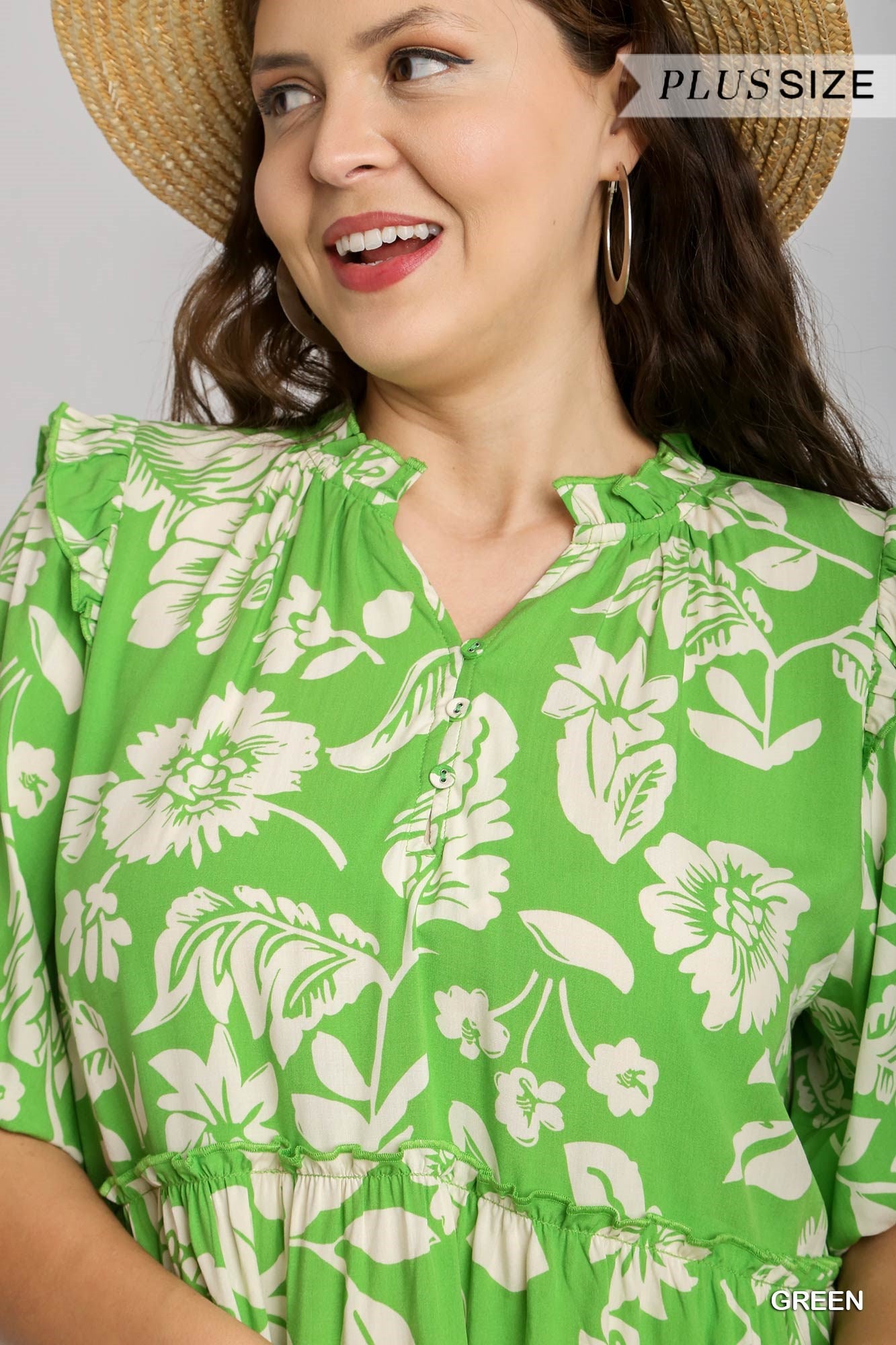 Umgee Plus Tiered Two Tone Split Neck Short Smocked Puff Sleeve Dress