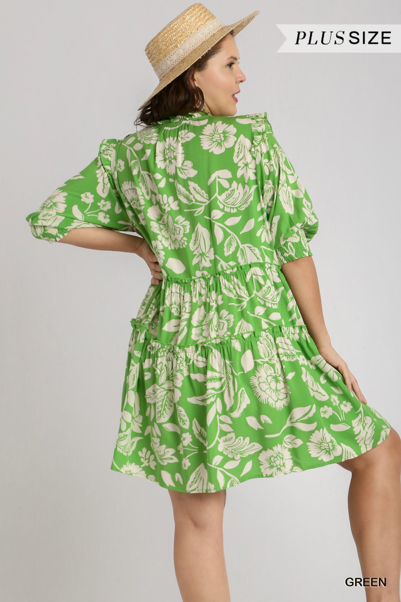 Umgee Plus Tiered Two Tone Split Neck Short Smocked Puff Sleeve Dress