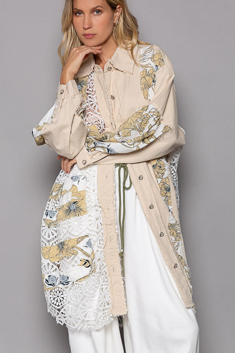 POL Oversize Crochet Lace With Floral Print Patch Jack Jacket - Roulhac Fashion Boutique