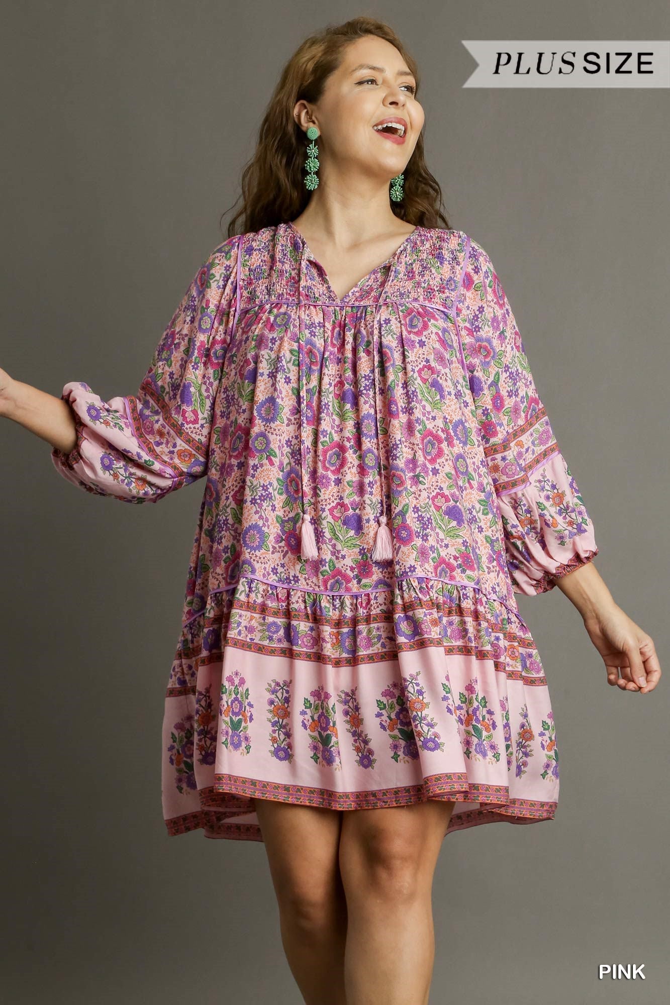 Umgee Plus Boarder Print A-Line Smocked Tassel 3/4 Balloon Sleeves Dress