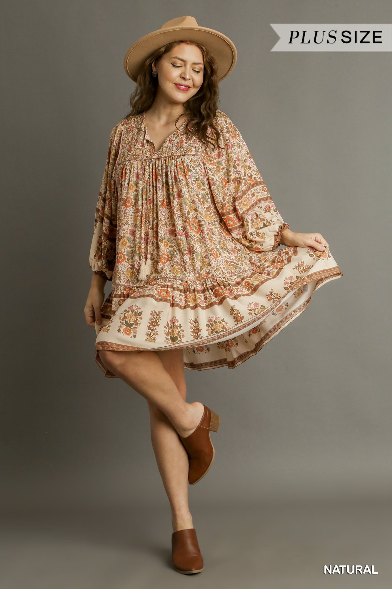 Umgee Plus Boarder Print A-Line Smocked Tassel 3/4 Balloon Sleeves Dress