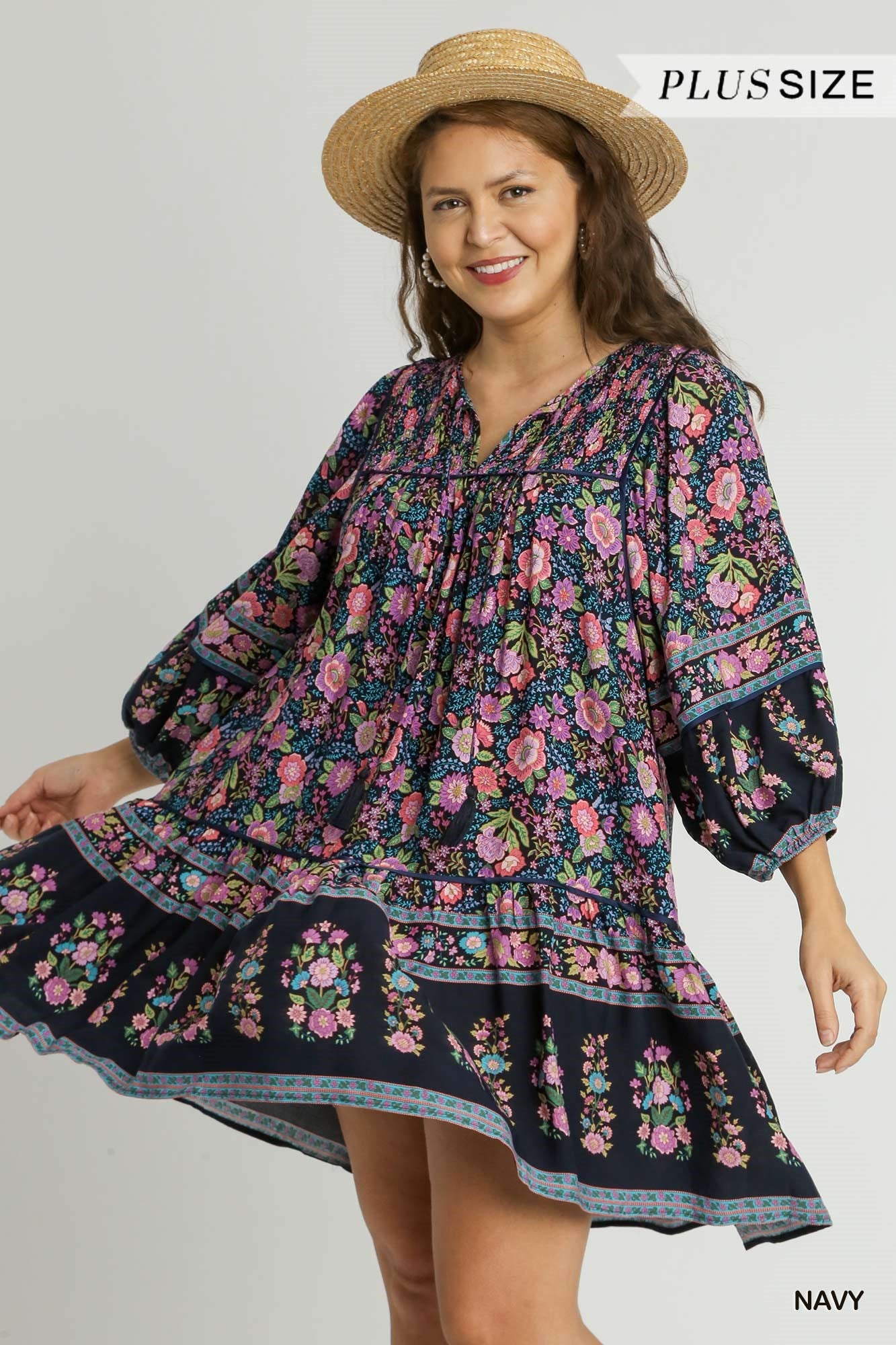 Umgee Plus Boarder Print A-Line Smocked Tassel 3/4 Balloon Sleeves Dress