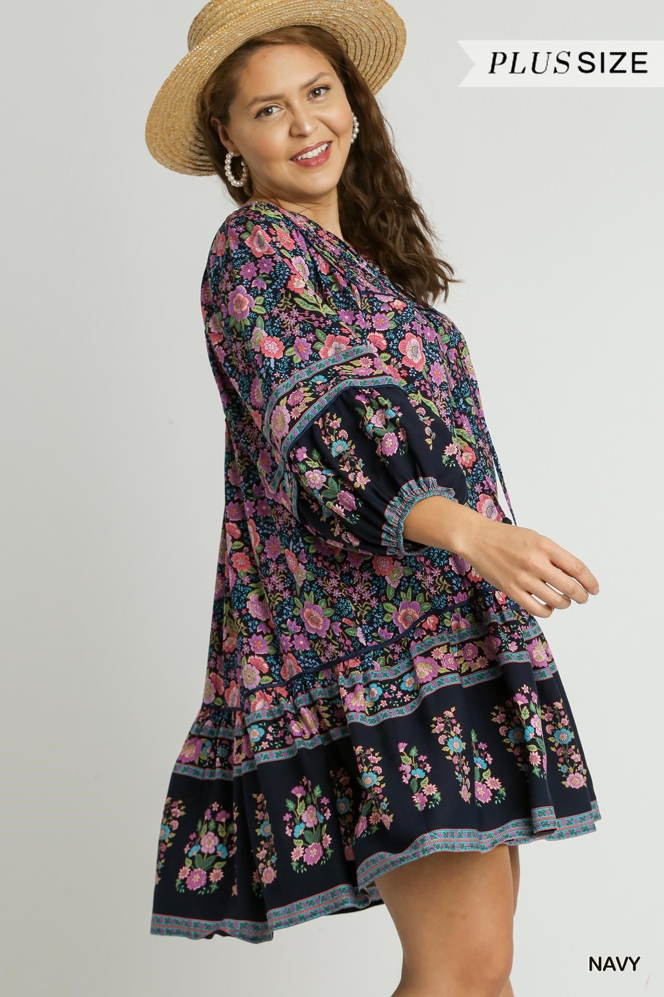 Umgee Plus Boarder Print A-Line Smocked Tassel 3/4 Balloon Sleeves Dress