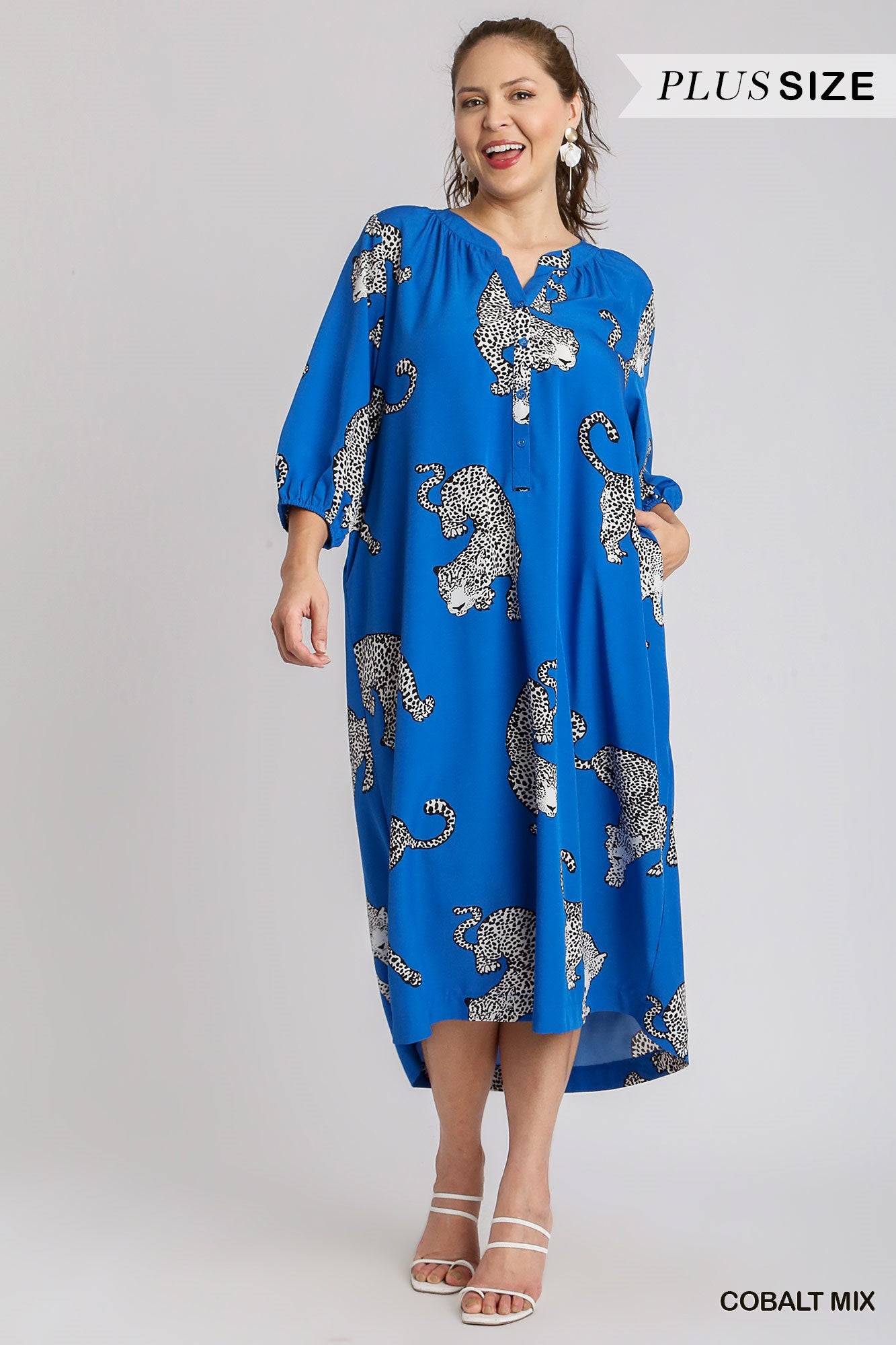 Umgee Plus Cheetah Print Half Button Down Midi Side Pockets Balloon Sleeves Dress