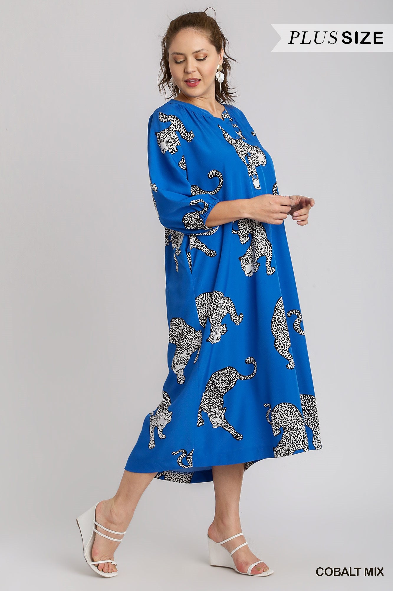 Umgee Plus Cheetah Print Half Button Down Midi Side Pockets Balloon Sleeves Dress
