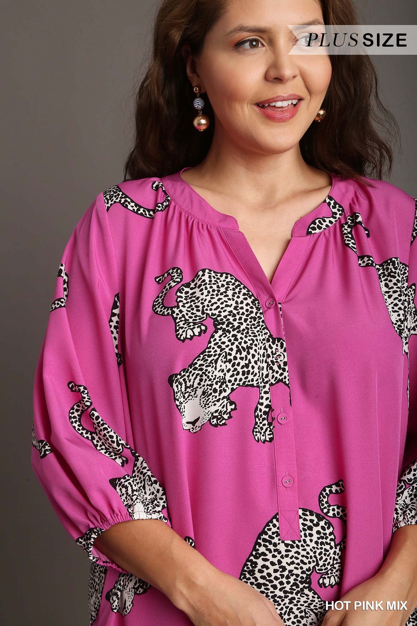 Umgee Plus Cheetah Print Half Button Down Midi Side Pockets Balloon Sleeves Dress