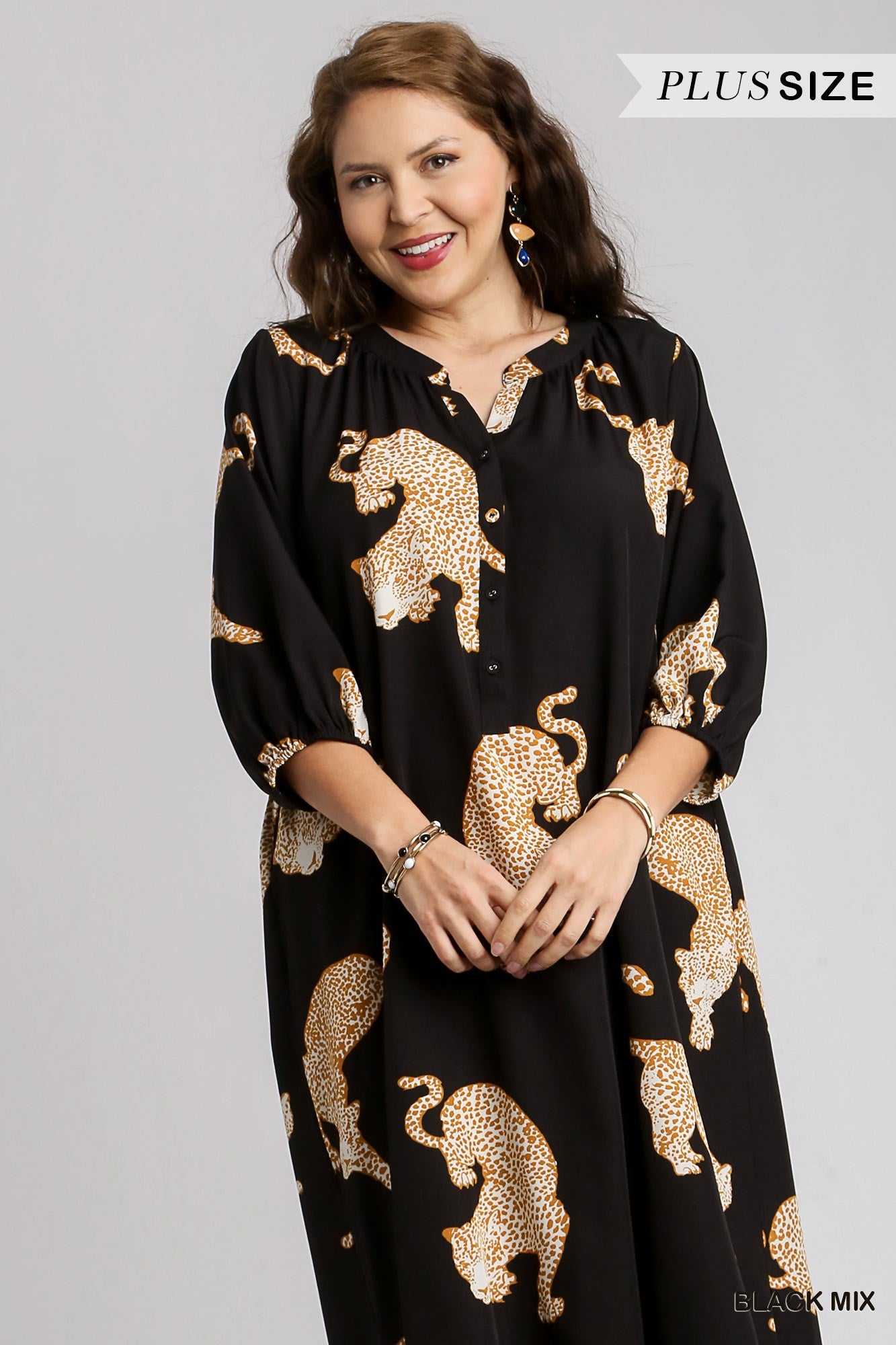 Umgee Plus Cheetah Print Half Button Down Midi Side Pockets Balloon Sleeves Dress