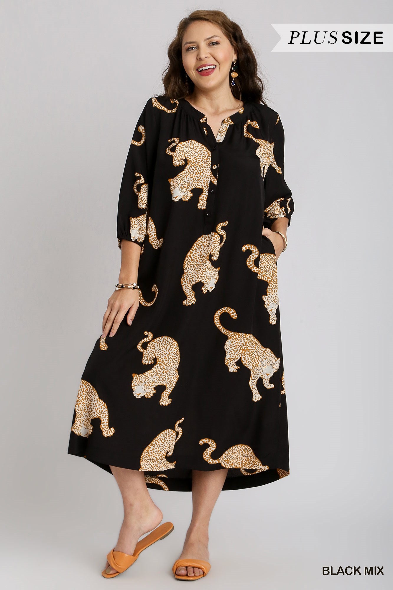 Umgee Plus Cheetah Print Half Button Down Midi Side Pockets Balloon Sleeves Dress