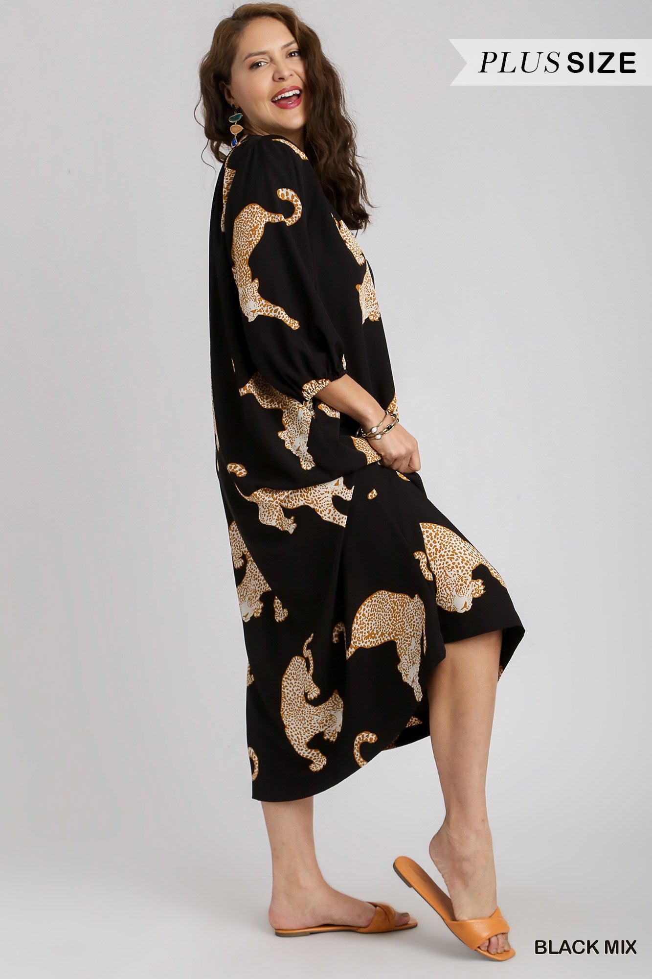 Umgee Plus Cheetah Print Half Button Down Midi Side Pockets Balloon Sleeves Dress