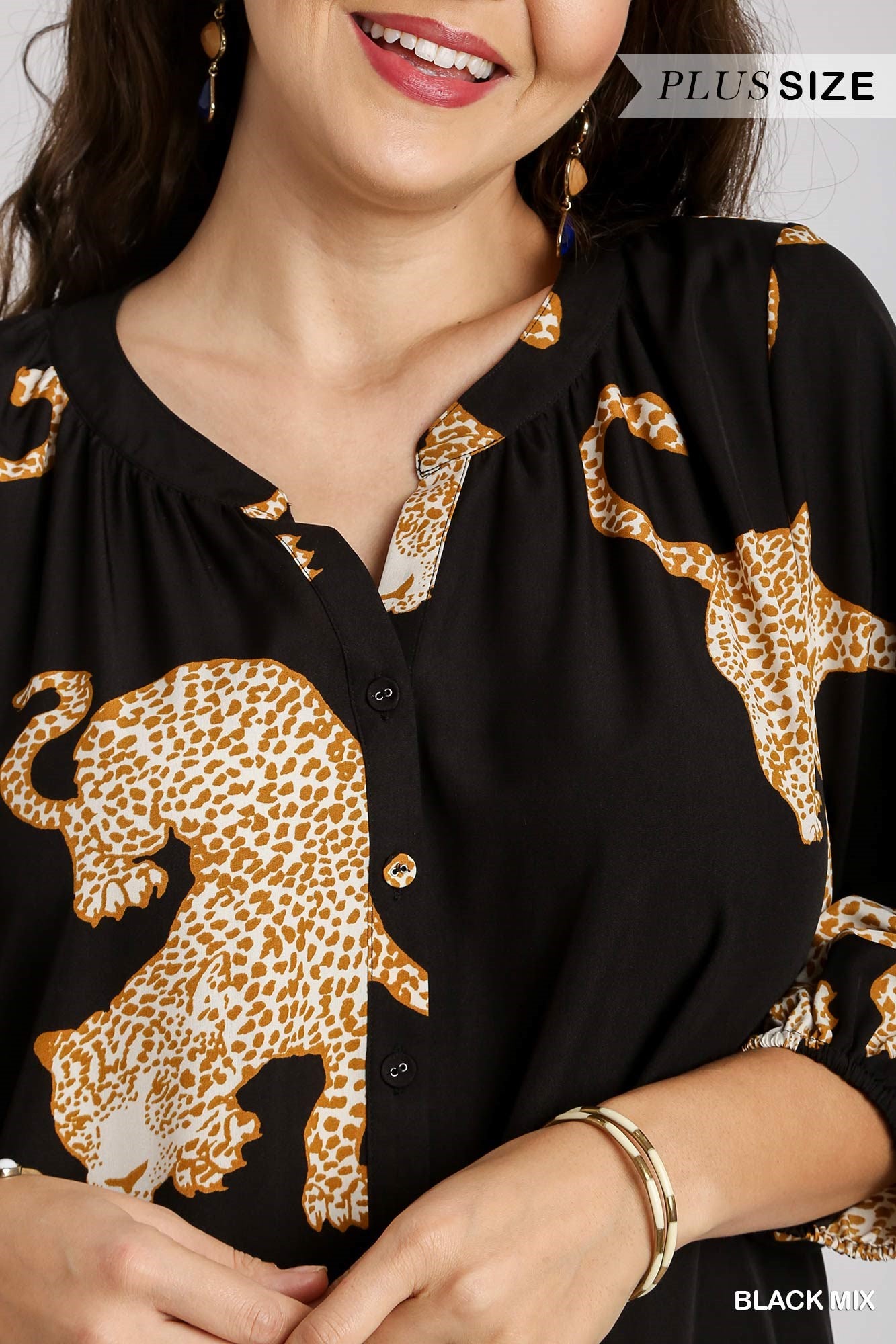 Umgee Plus Cheetah Print Half Button Down Midi Side Pockets Balloon Sleeves Dress