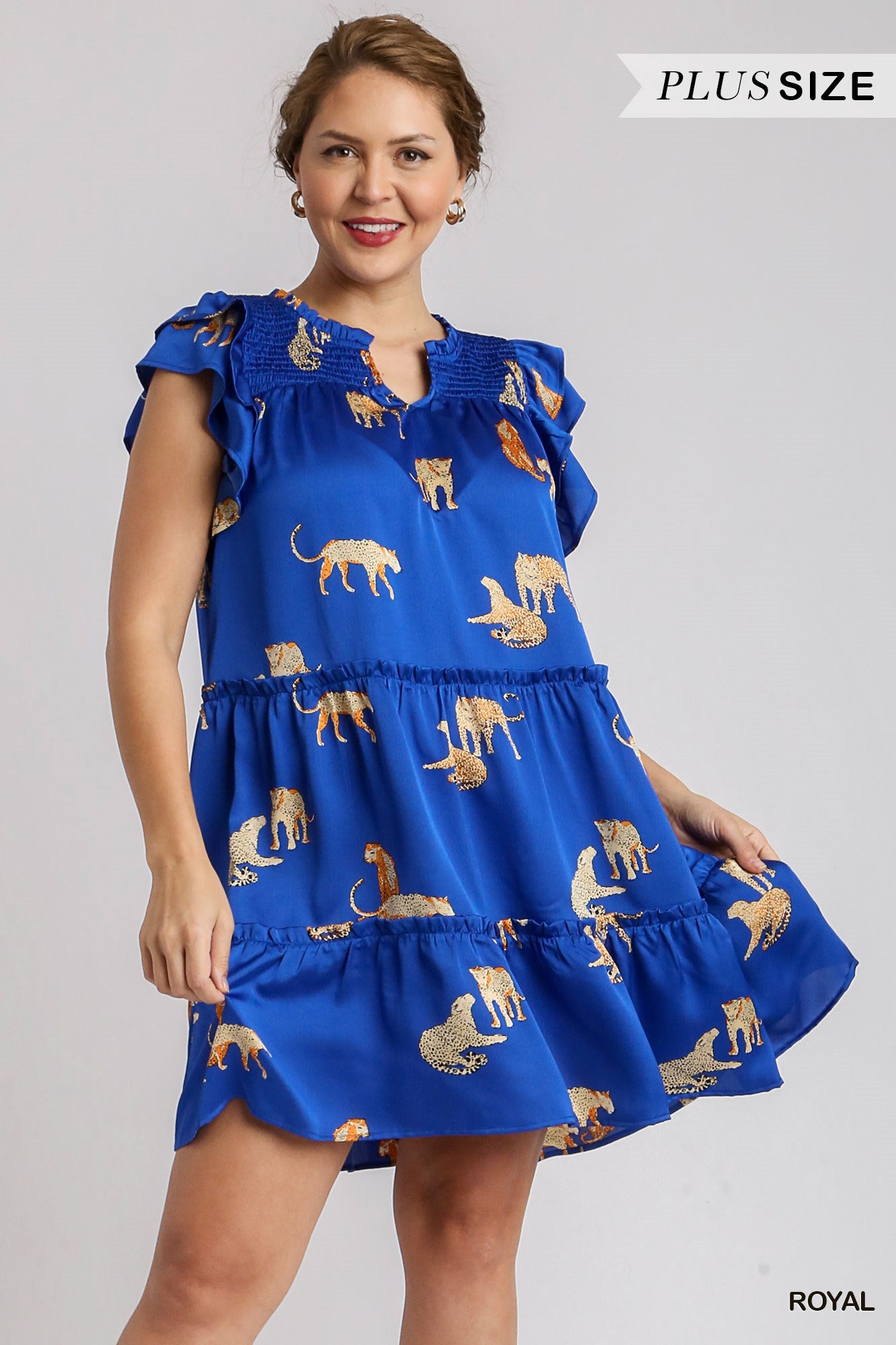 Umgee Plus V-Notched Ruffle Tiered A-Line Cheetah Print Ruffle Sleeves Dress