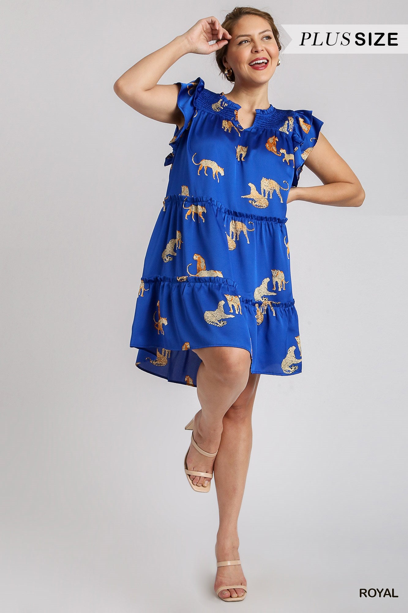 Umgee Plus V-Notched Ruffle Tiered A-Line Cheetah Print Ruffle Sleeves Dress