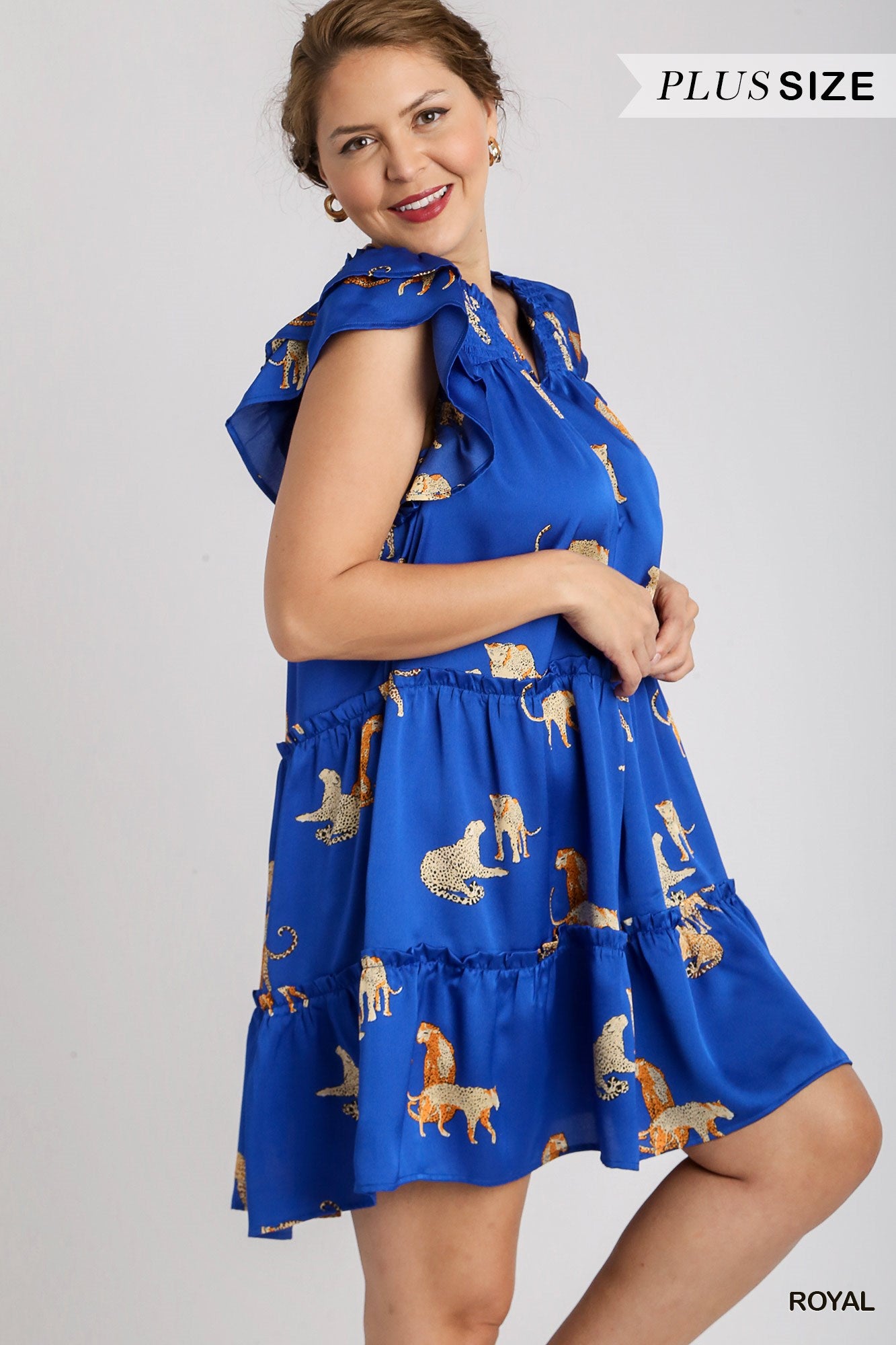 Umgee Plus V-Notched Ruffle Tiered A-Line Cheetah Print Ruffle Sleeves Dress