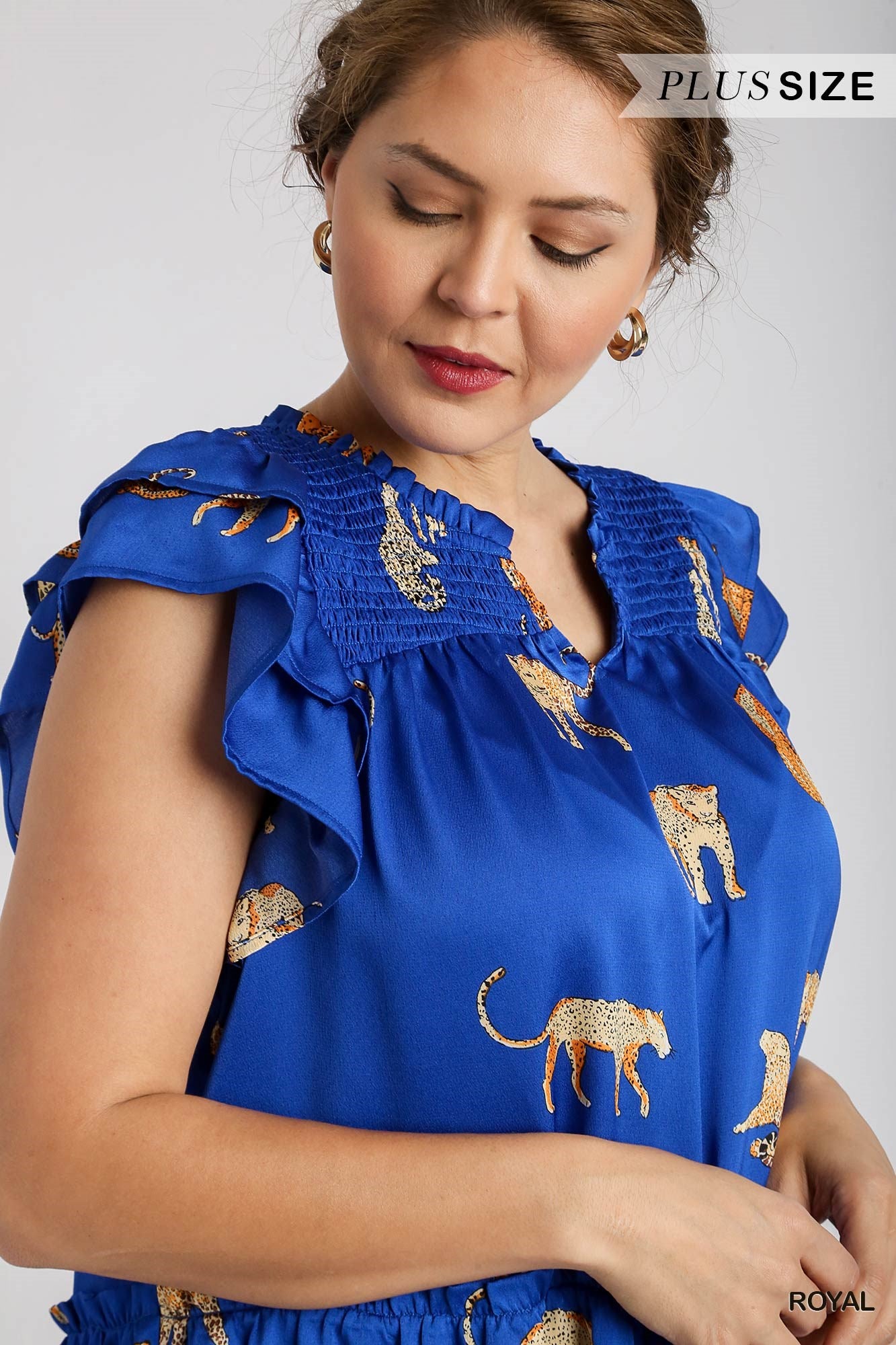 Umgee Plus V-Notched Ruffle Tiered A-Line Cheetah Print Ruffle Sleeves Dress