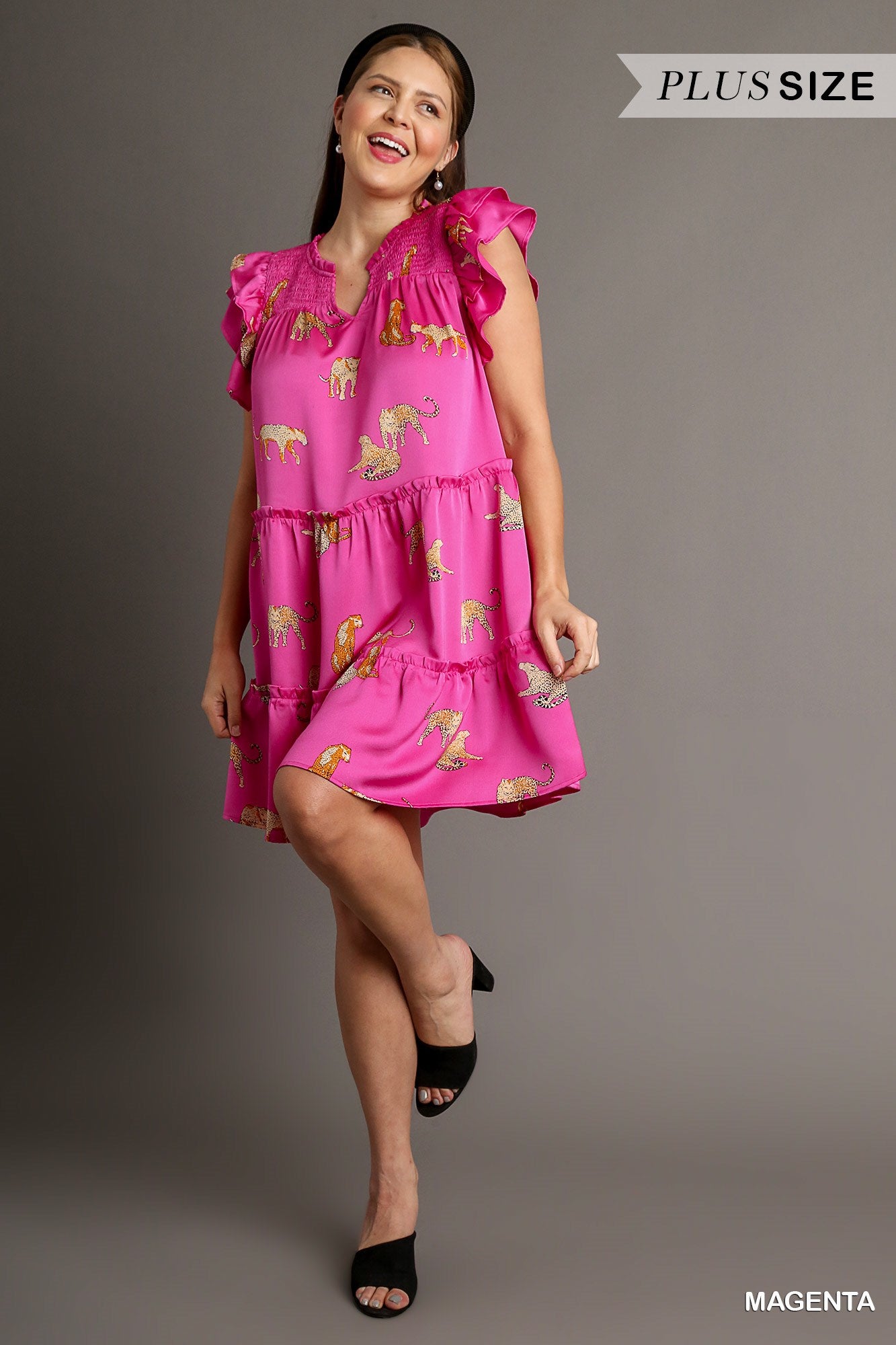 Umgee Plus V-Notched Ruffle Tiered A-Line Cheetah Print Ruffle Sleeves Dress