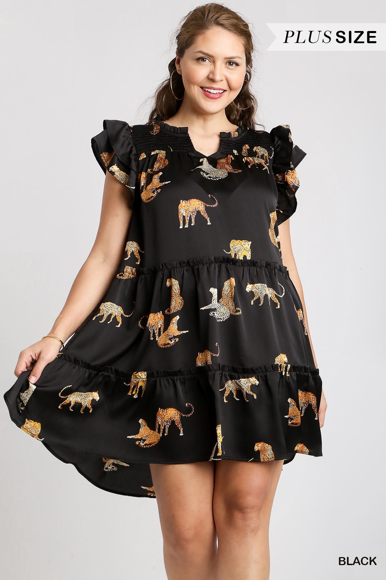 Umgee Plus V-Notched Ruffle Tiered A-Line Cheetah Print Ruffle Sleeves Dress