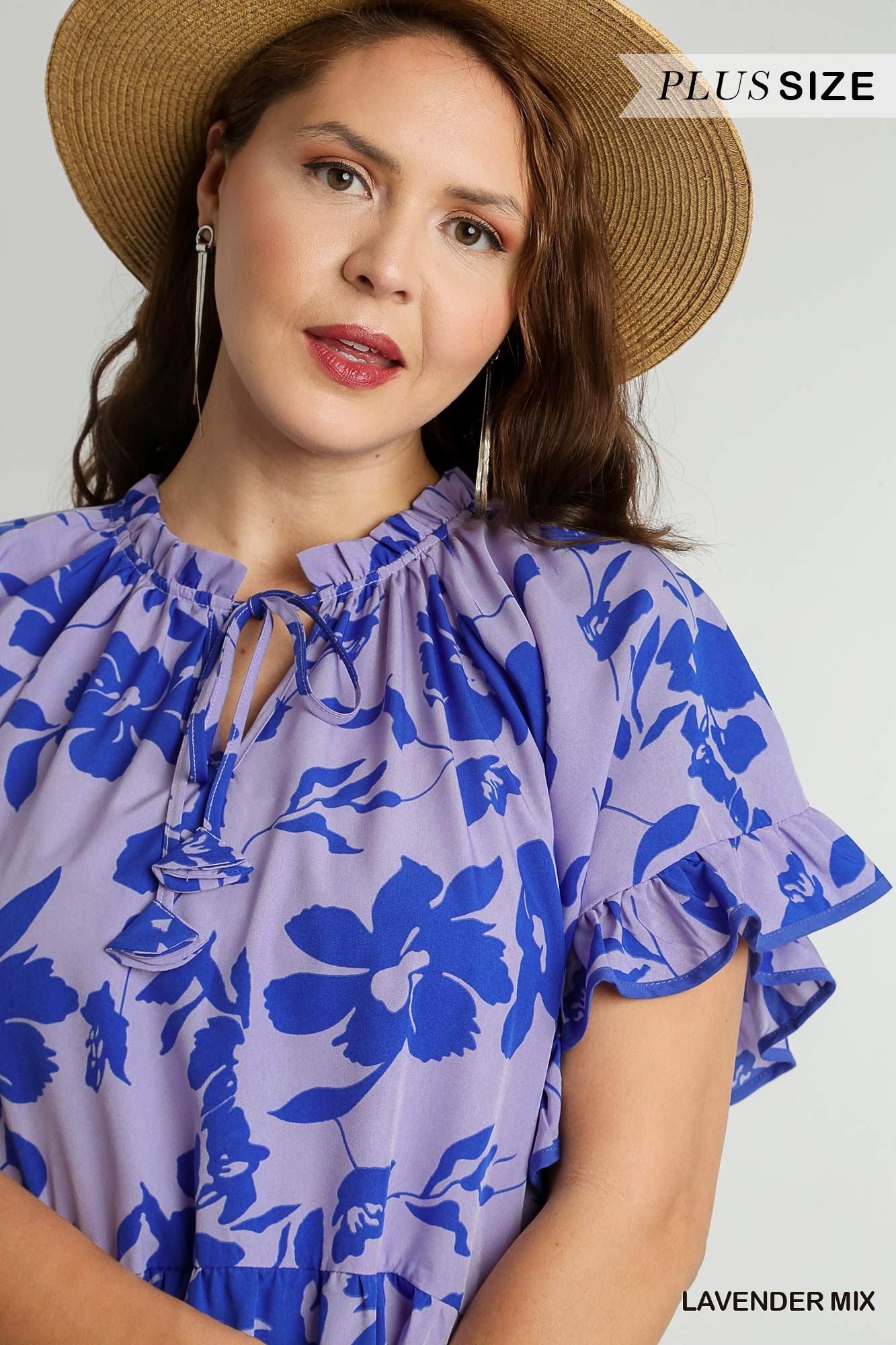 Umgee Plus Two Tone Floral Print Tiered A-Line Ruffle Sleeves Front Tie Dress