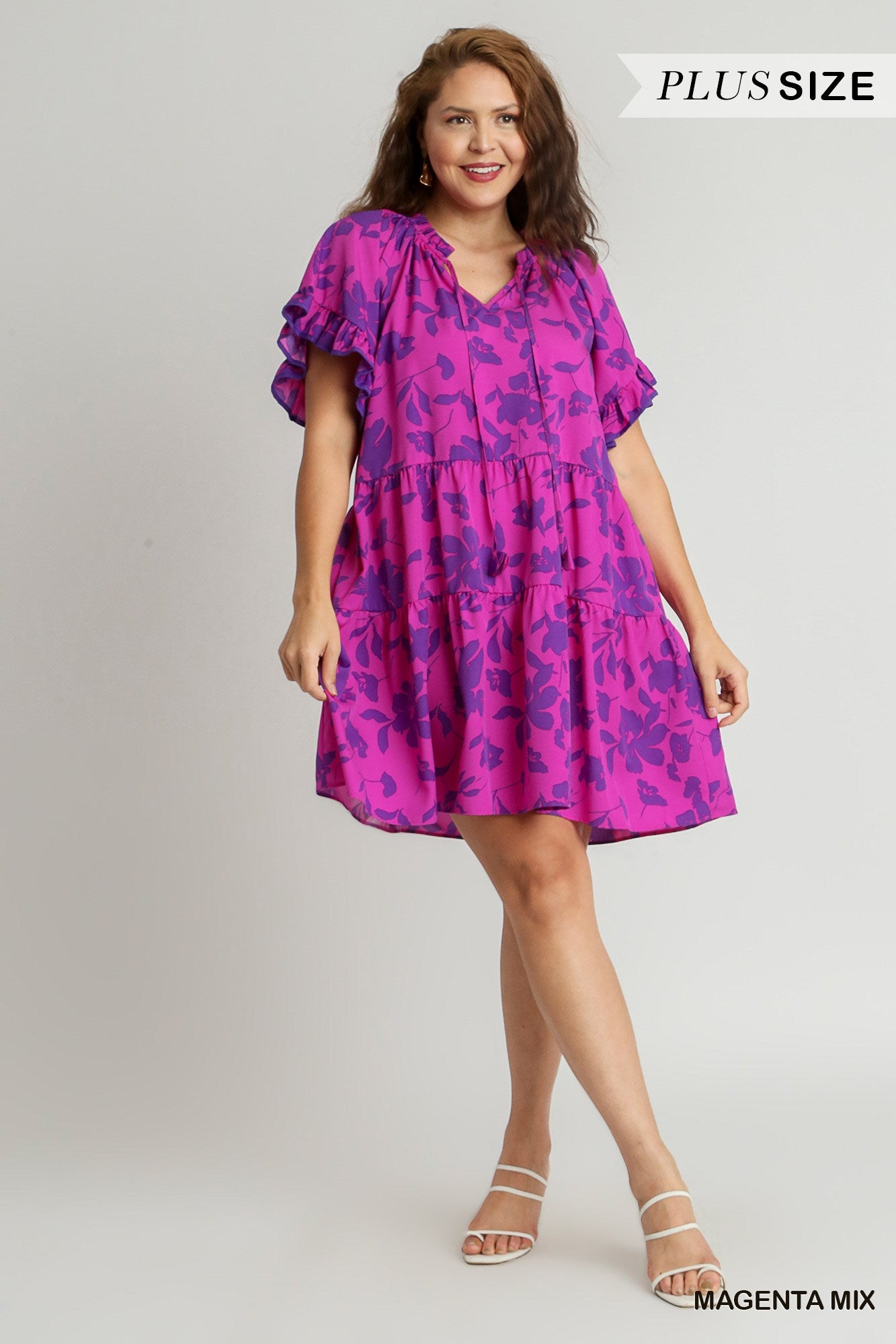 Umgee Plus Two Tone Floral Print Tiered A-Line Ruffle Sleeves Front Tie Dress
