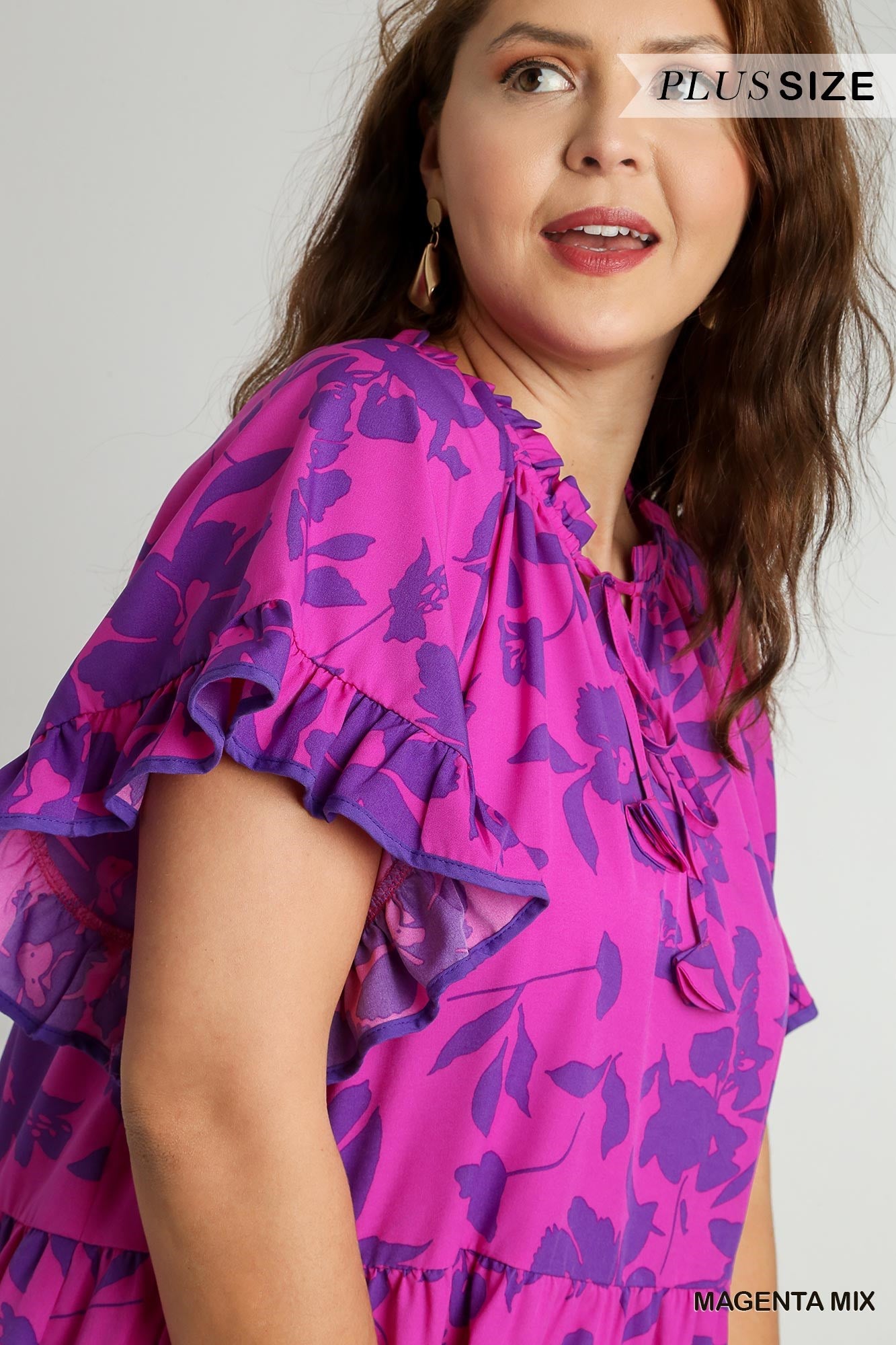 Umgee Plus Two Tone Floral Print Tiered A-Line Ruffle Sleeves Front Tie Dress