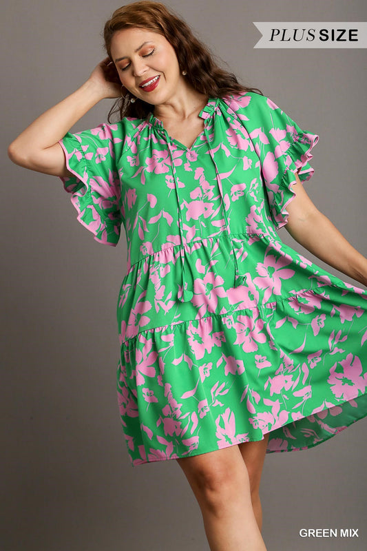Umgee Plus Two Tone Floral Print Tiered A-Line Ruffle Sleeves Front Tie Dress