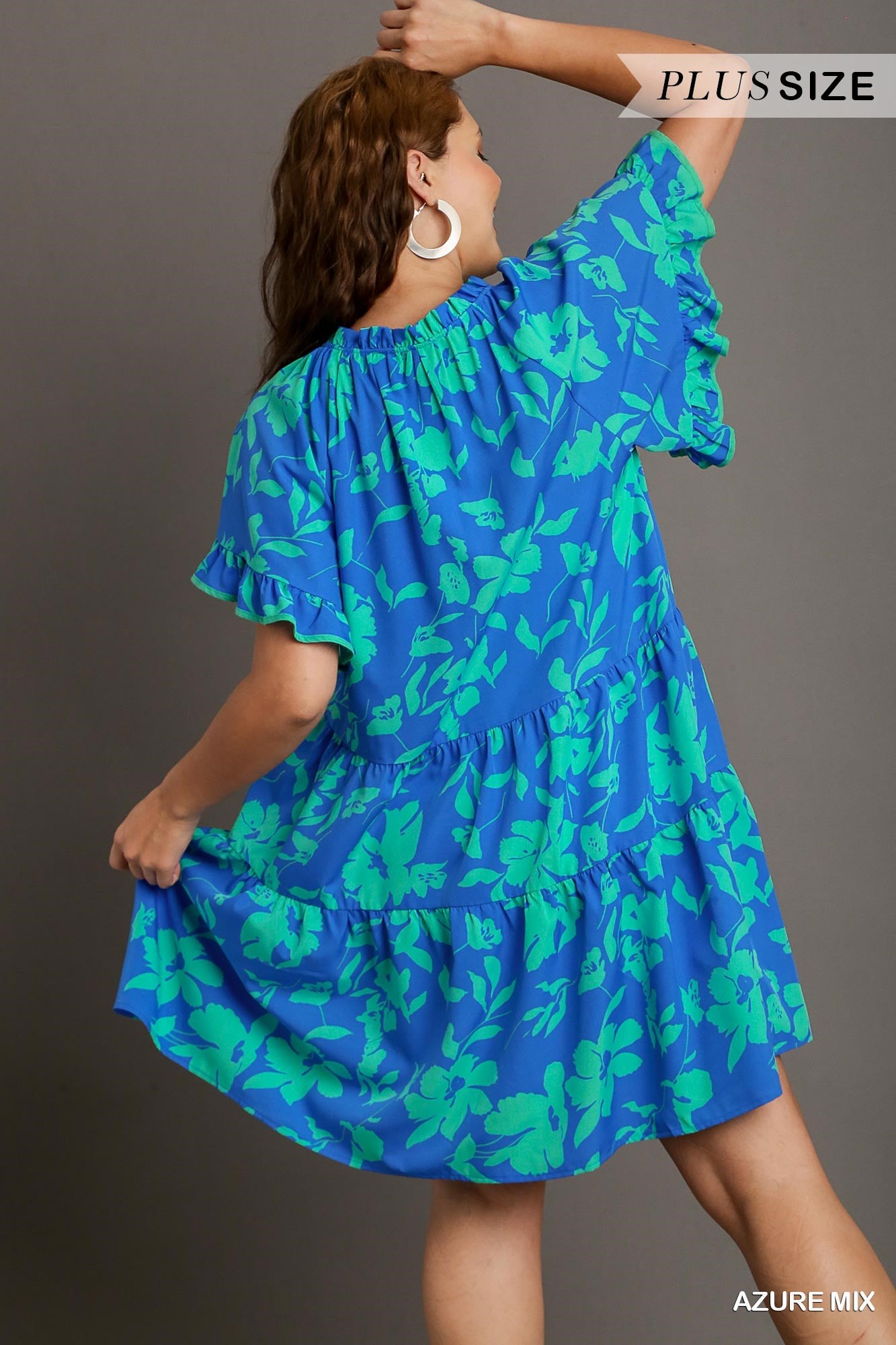 Umgee Plus Two Tone Floral Print Tiered A-Line Ruffle Sleeves Front Tie Dress