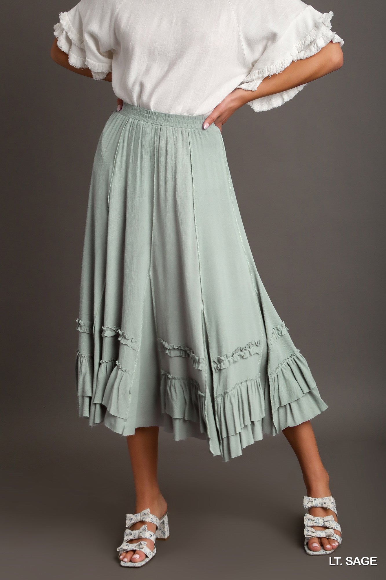 Umgee Rayon Elastic Waist Cut Edges Maxi Skirt
