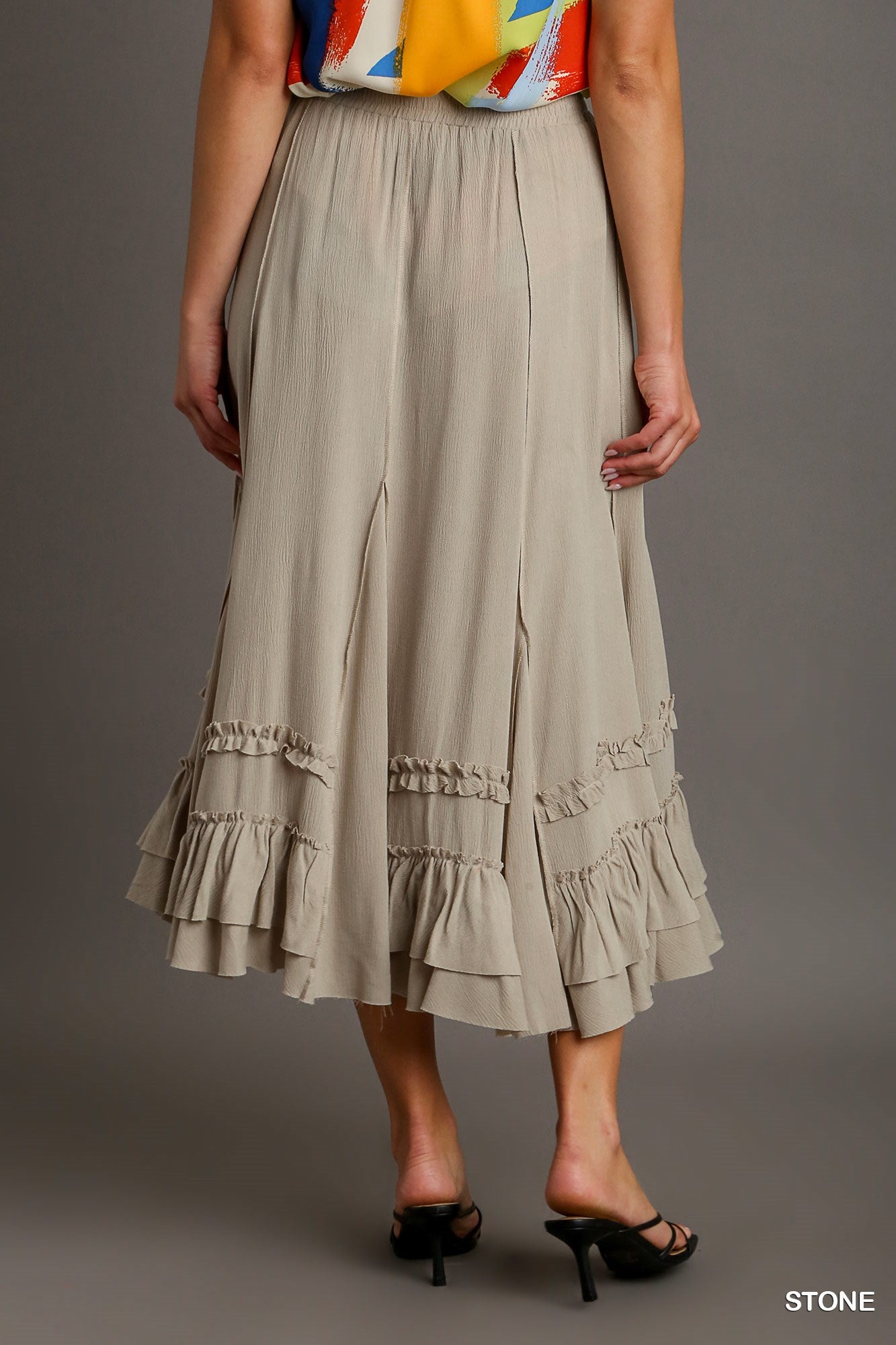 Umgee Rayon Elastic Waist Cut Edges Maxi Skirt