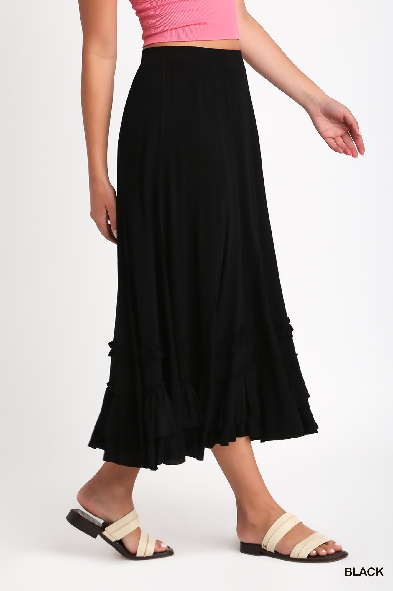 Umgee Rayon Elastic Waist Cut Edges Maxi Skirt
