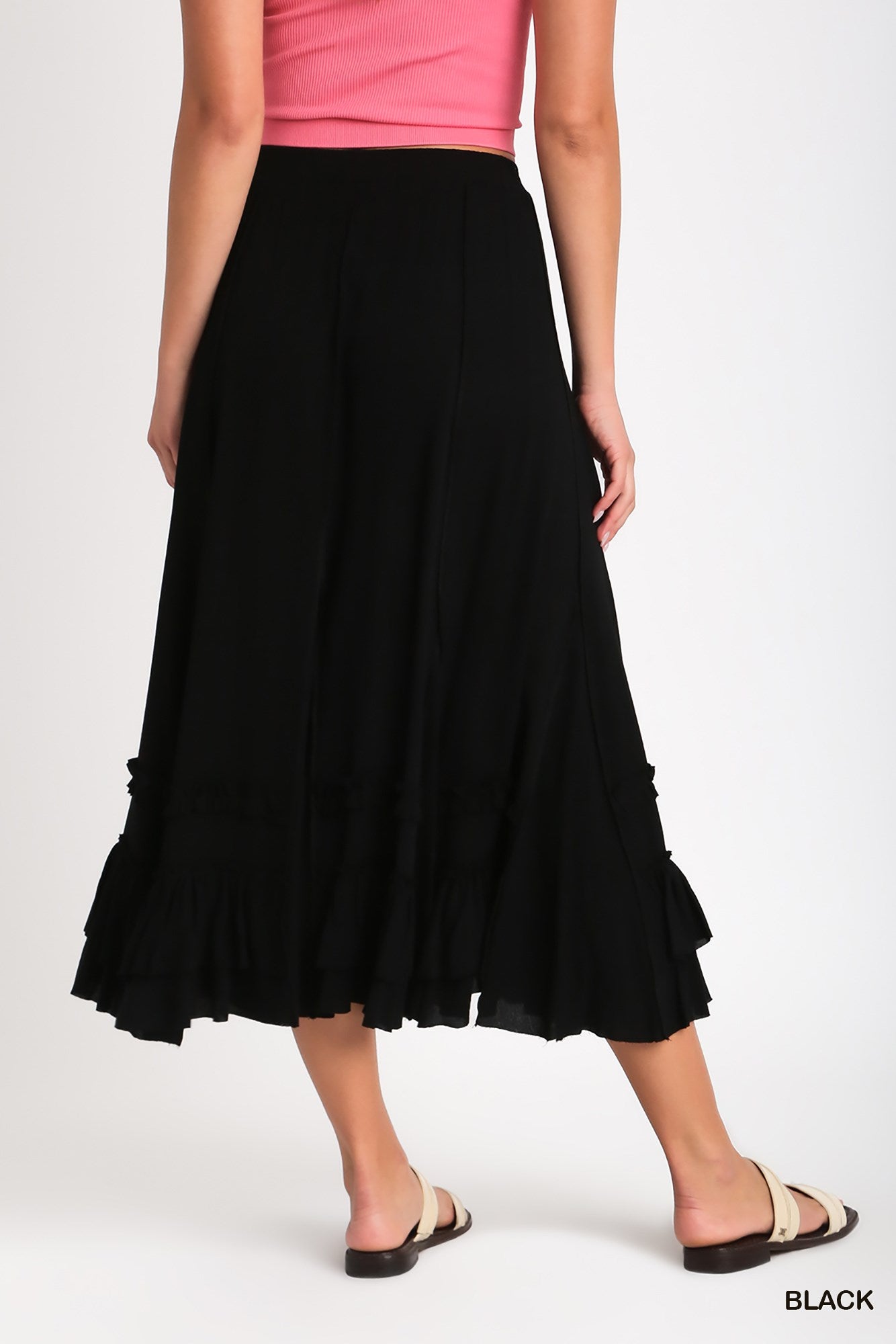 Umgee Rayon Elastic Waist Cut Edges Maxi Skirt