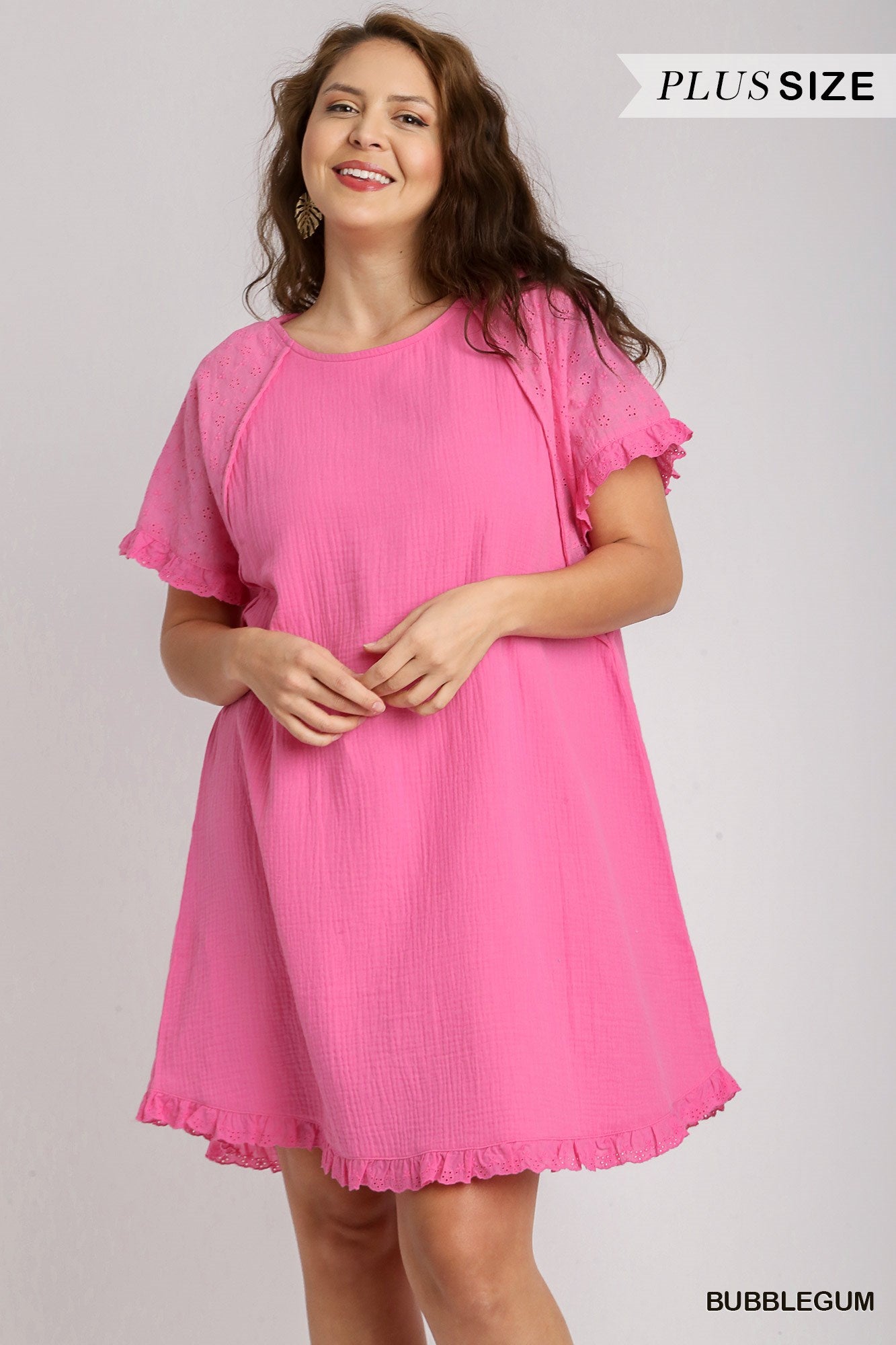 Umgee Plus Round Neck Cotton Gauze Short Eyelet Sleeves Ruffle Dress