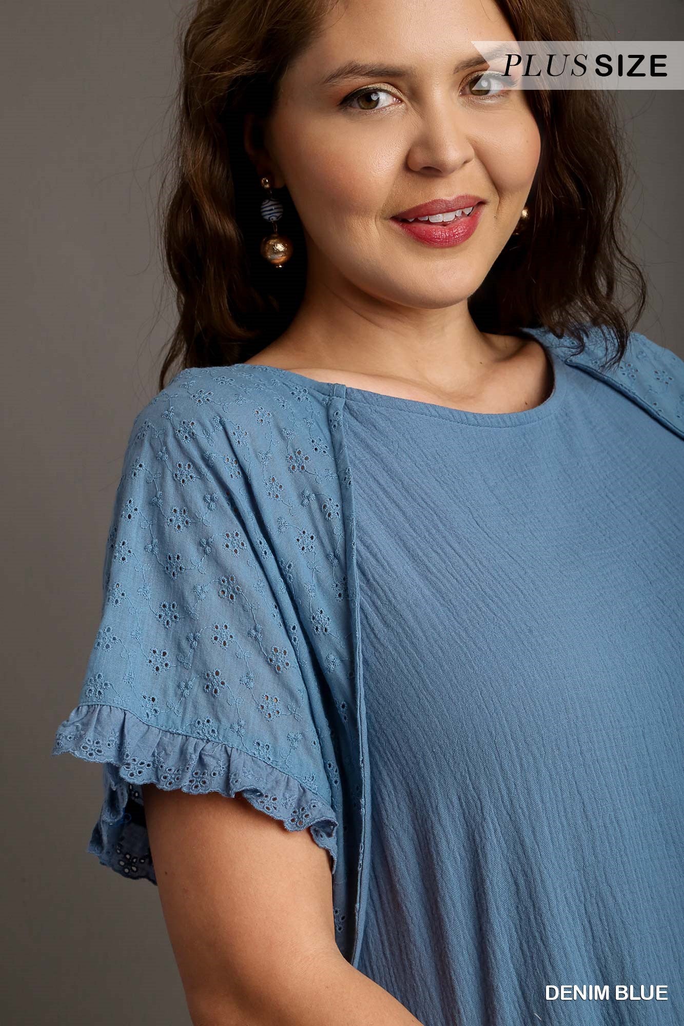 Umgee Plus Round Neck Cotton Gauze Short Eyelet Sleeves Ruffle Dress