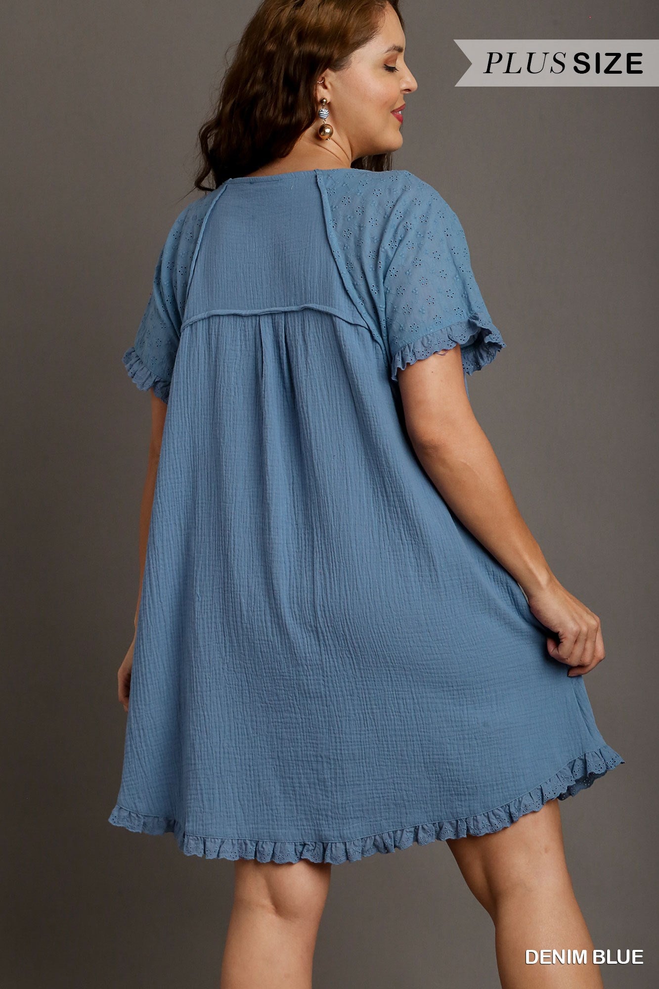 Umgee Plus Round Neck Cotton Gauze Short Eyelet Sleeves Ruffle Dress