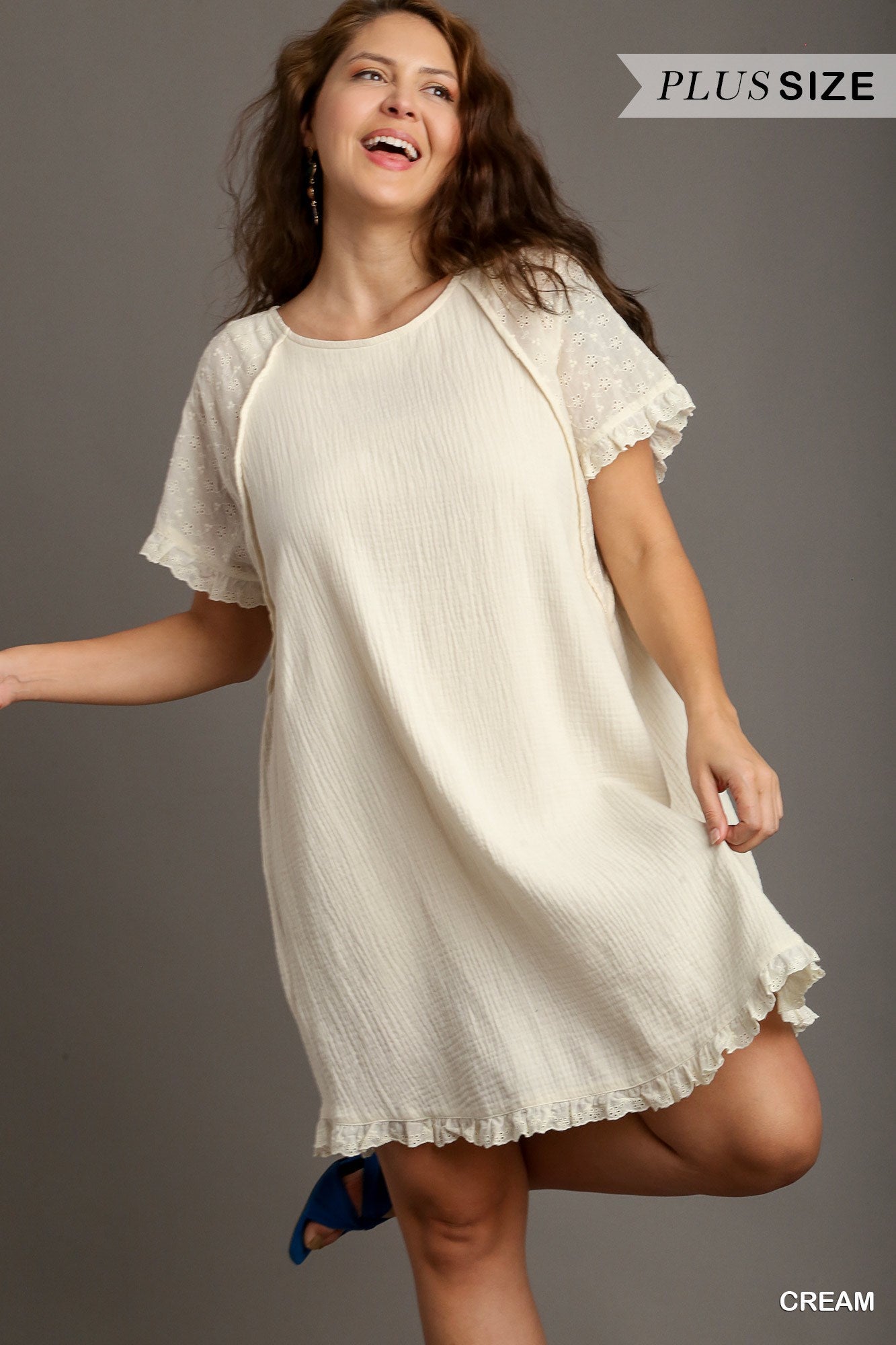 Umgee Plus Round Neck Cotton Gauze Short Eyelet Sleeves Ruffle Dress