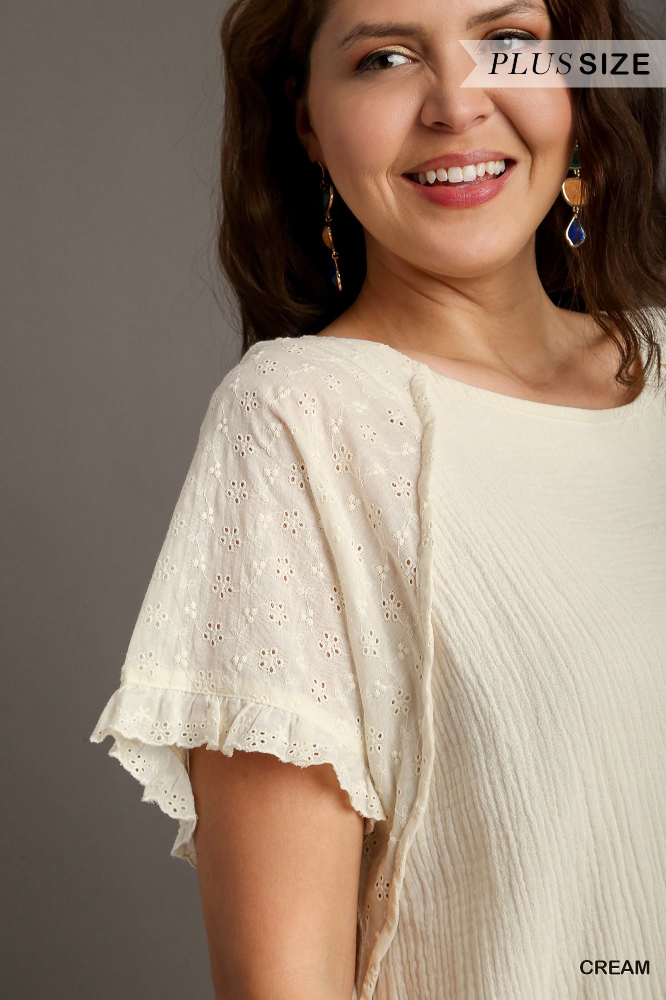 Umgee Plus Round Neck Cotton Gauze Short Eyelet Sleeves Ruffle Dress