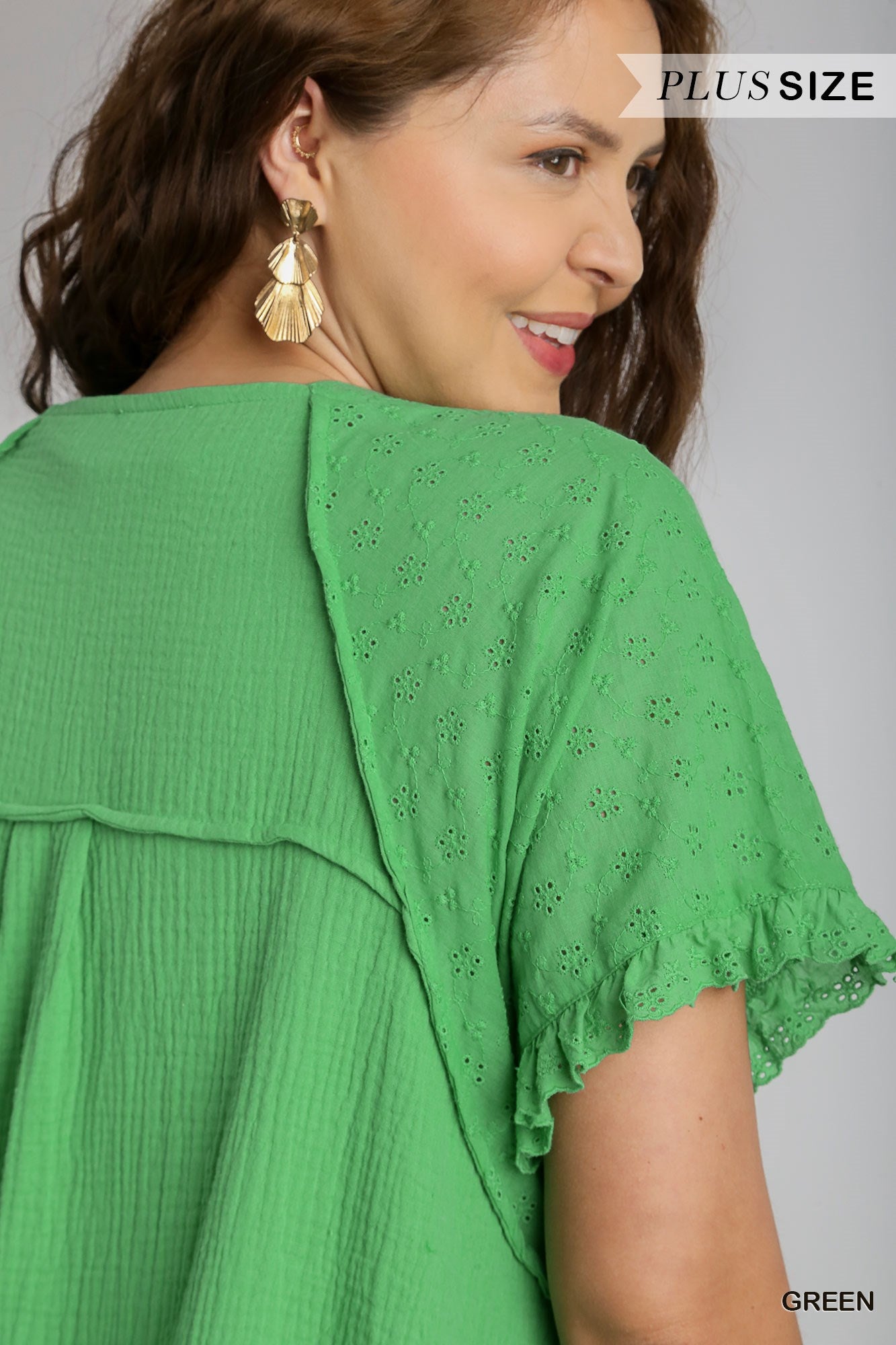 Umgee Plus Round Neck Cotton Gauze Short Eyelet Sleeves Ruffle Dress