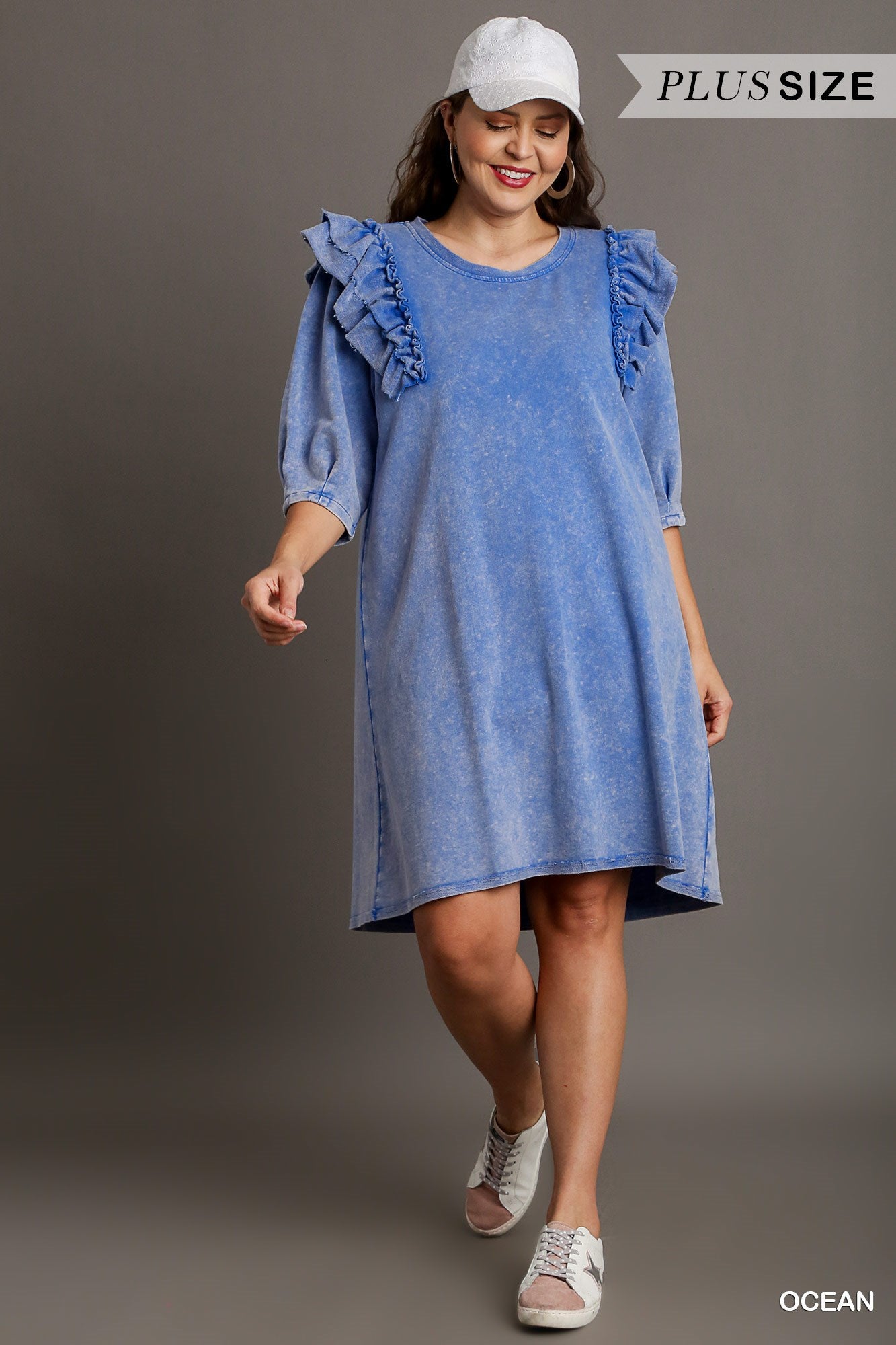 Umgee Plus Mineral Wash Crew Neck French Terry Ruffles Dress