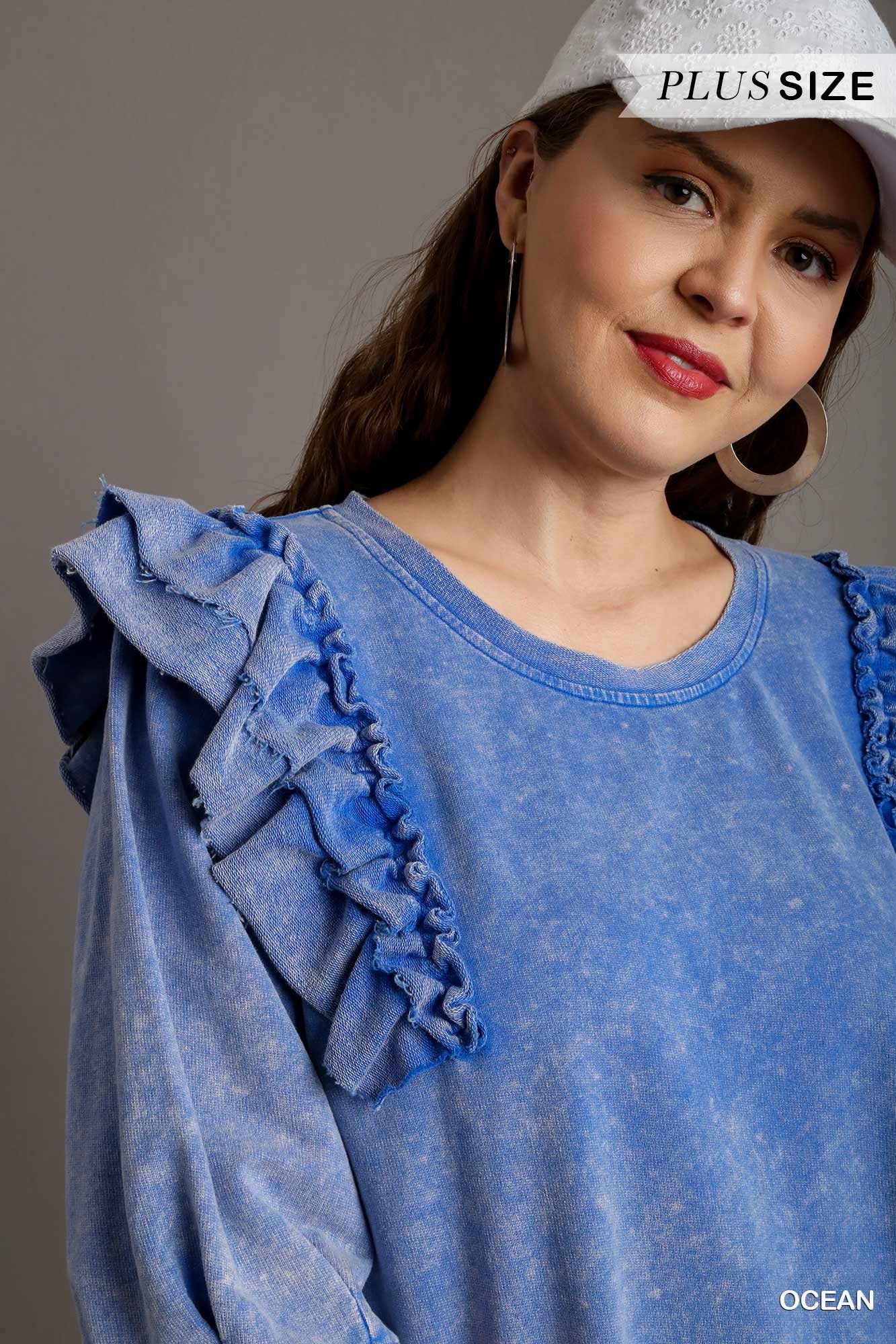 Umgee Plus Mineral Wash Crew Neck French Terry Ruffles Dress