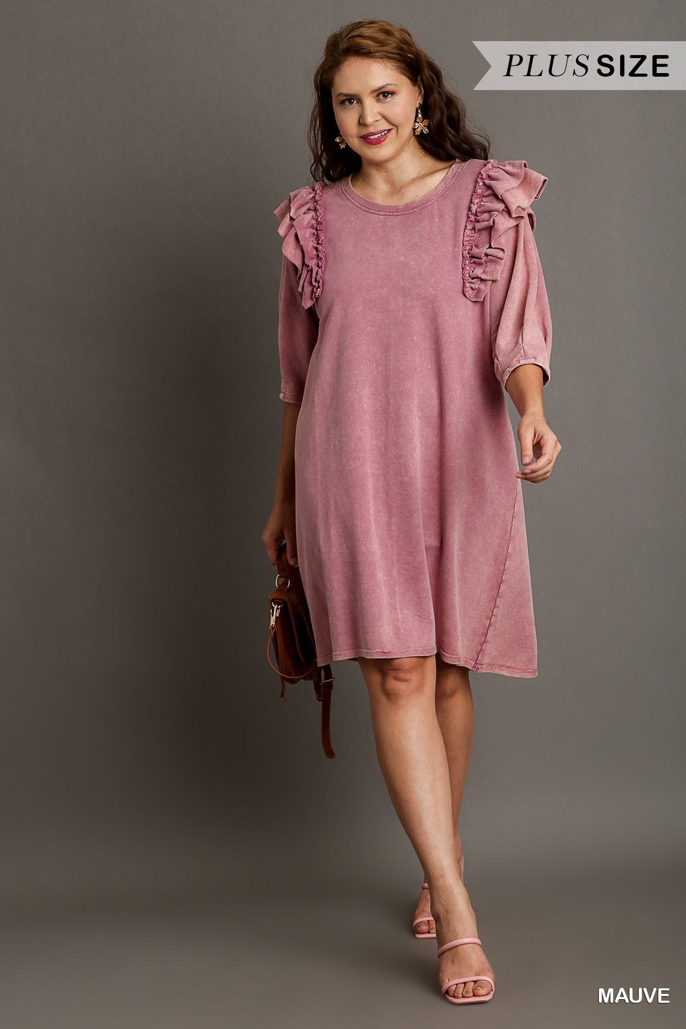 Umgee Plus Mineral Wash Crew Neck French Terry Ruffles Dress