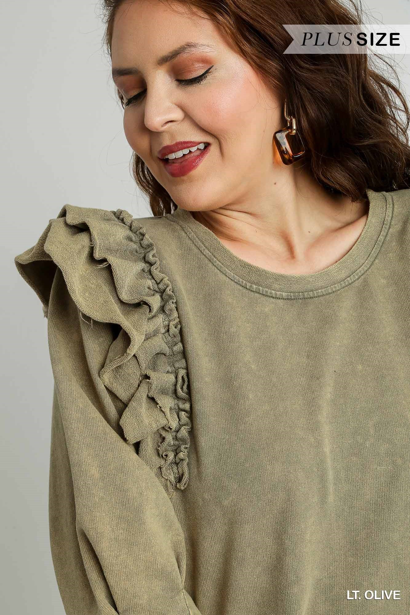 Umgee Plus Mineral Wash Crew Neck French Terry Ruffles Dress