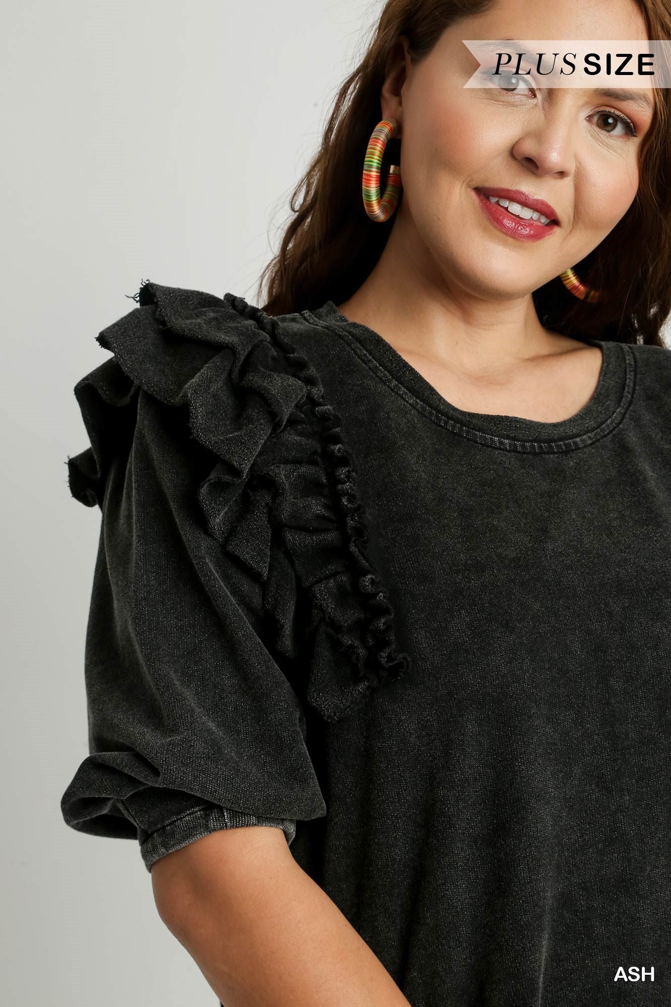 Umgee Plus Mineral Wash Crew Neck French Terry Ruffles Dress