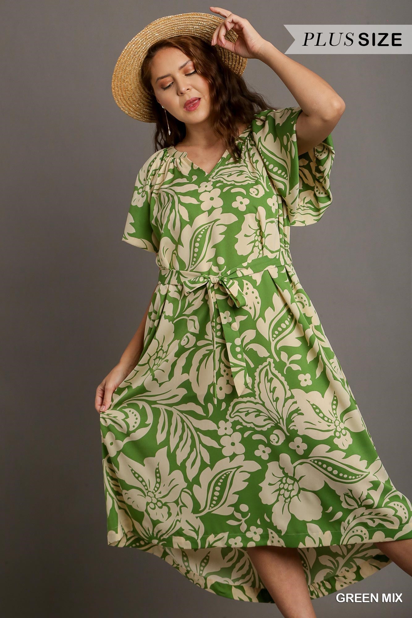 Umgee Plus Two-Tone Split Neck A-Line Raglan Sleeves Waist Tie Belt Midi Dress