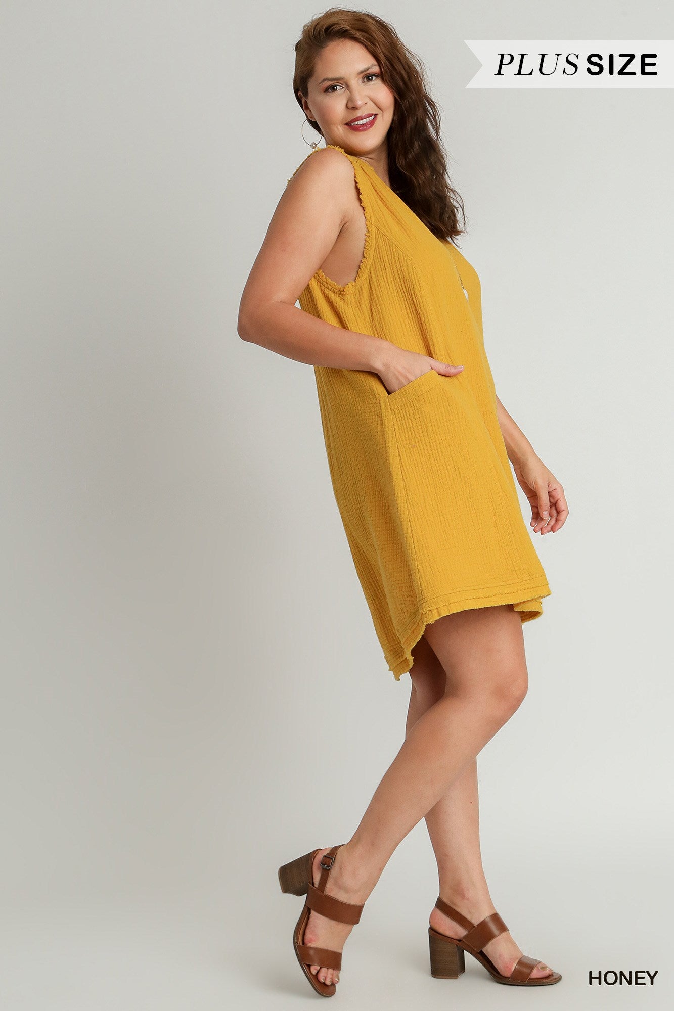 Umgee Plus Sleeveless Regular Wash Cotton Gauze V-Neck Fray Dress