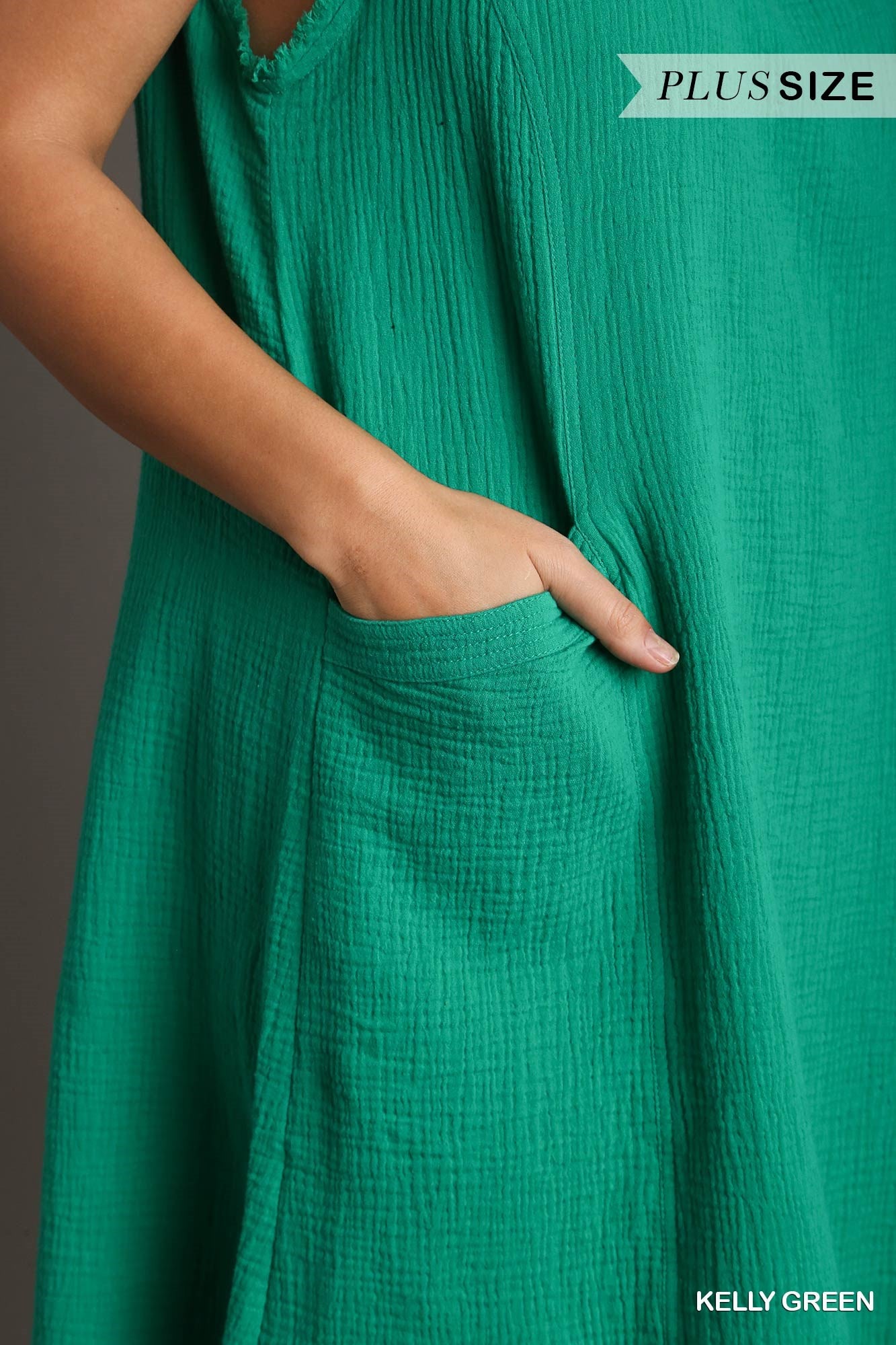 Umgee Plus Sleeveless Regular Wash Cotton Gauze V-Neck Fray Dress