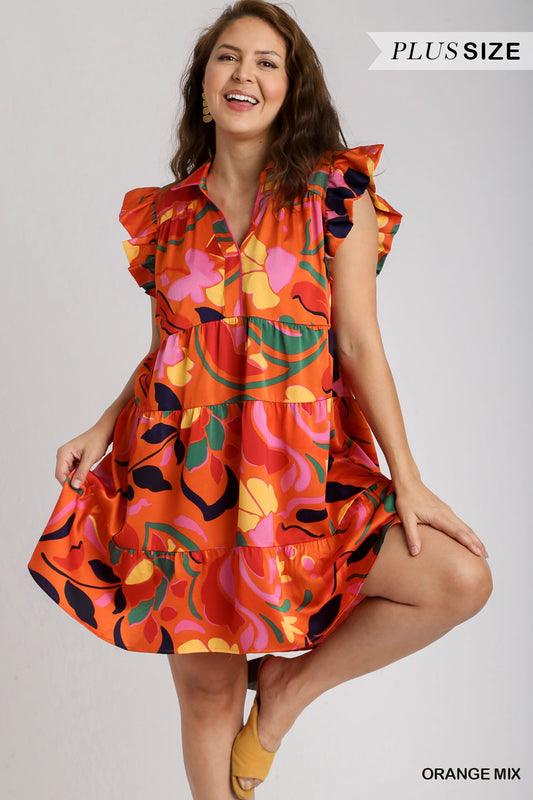Umgee Plus Satin Print Tiered Collared Split Neck Flutter Sleeves Dress