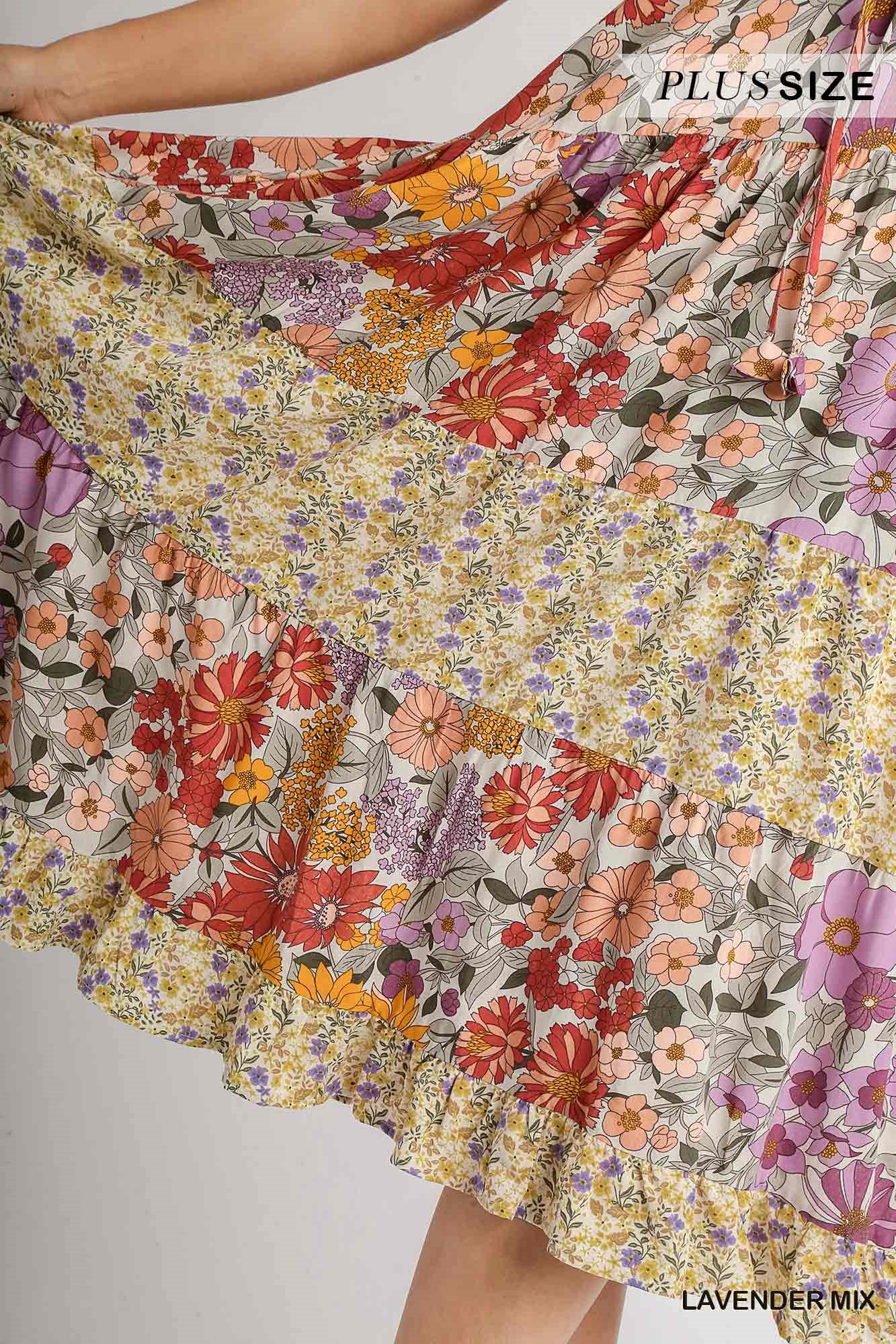 Umgee Plus Floral Print A-Line Ruffle Neckline Front Drawstring Midi Dress