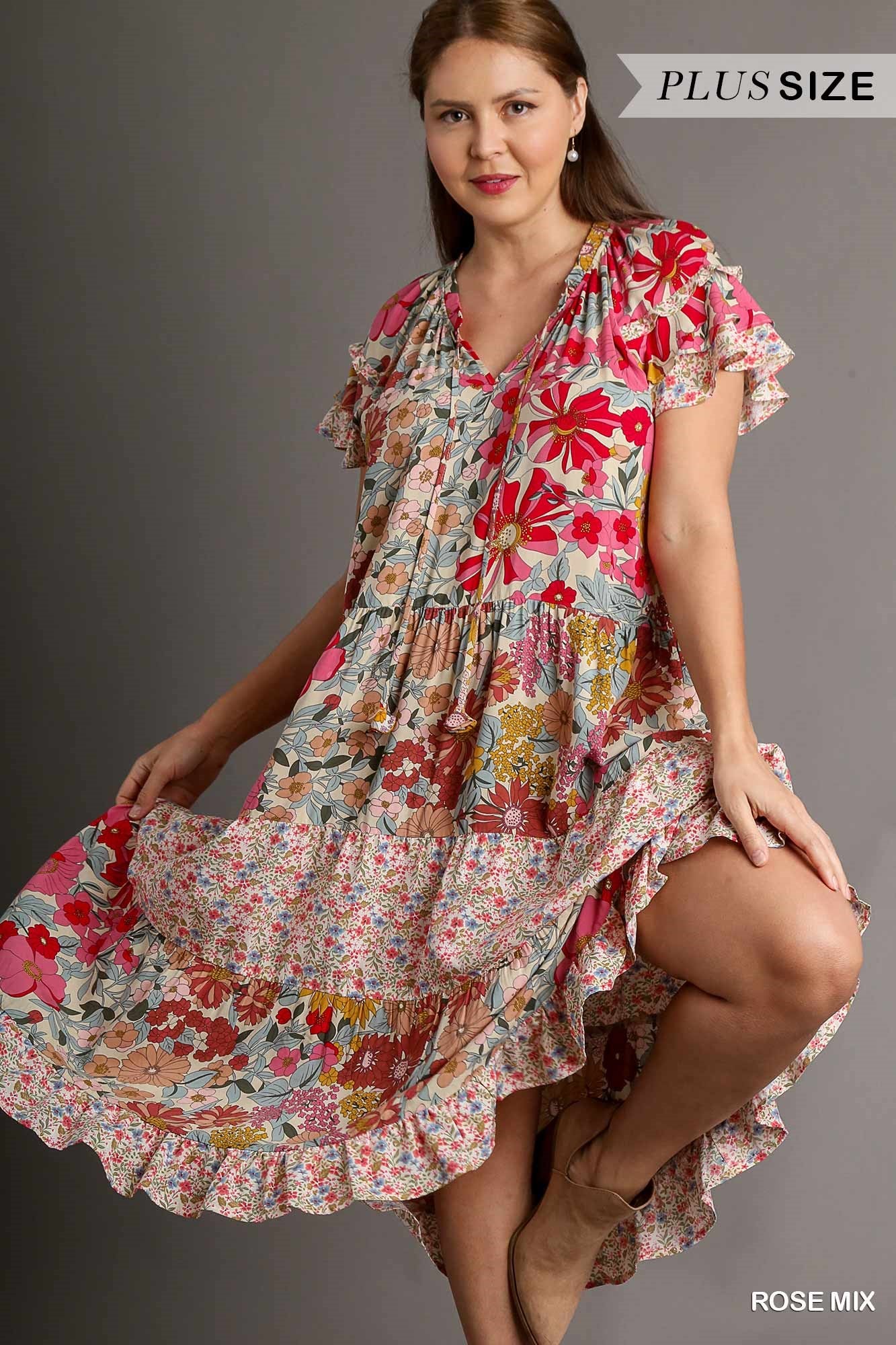 Umgee Plus Floral Print A-Line Ruffle Neckline Front Drawstring Midi Dress