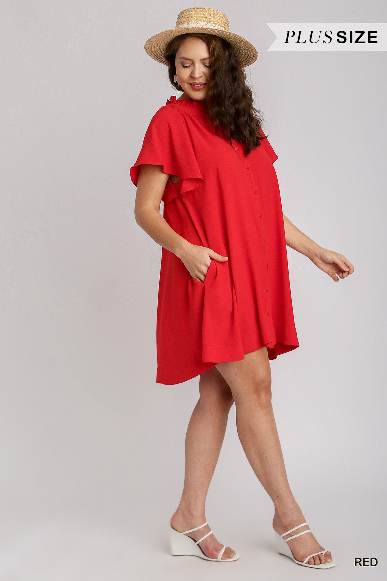 Umgee Plus Button Down Ruffle V-Notched Flowy Sleeves Side Pockets Dress